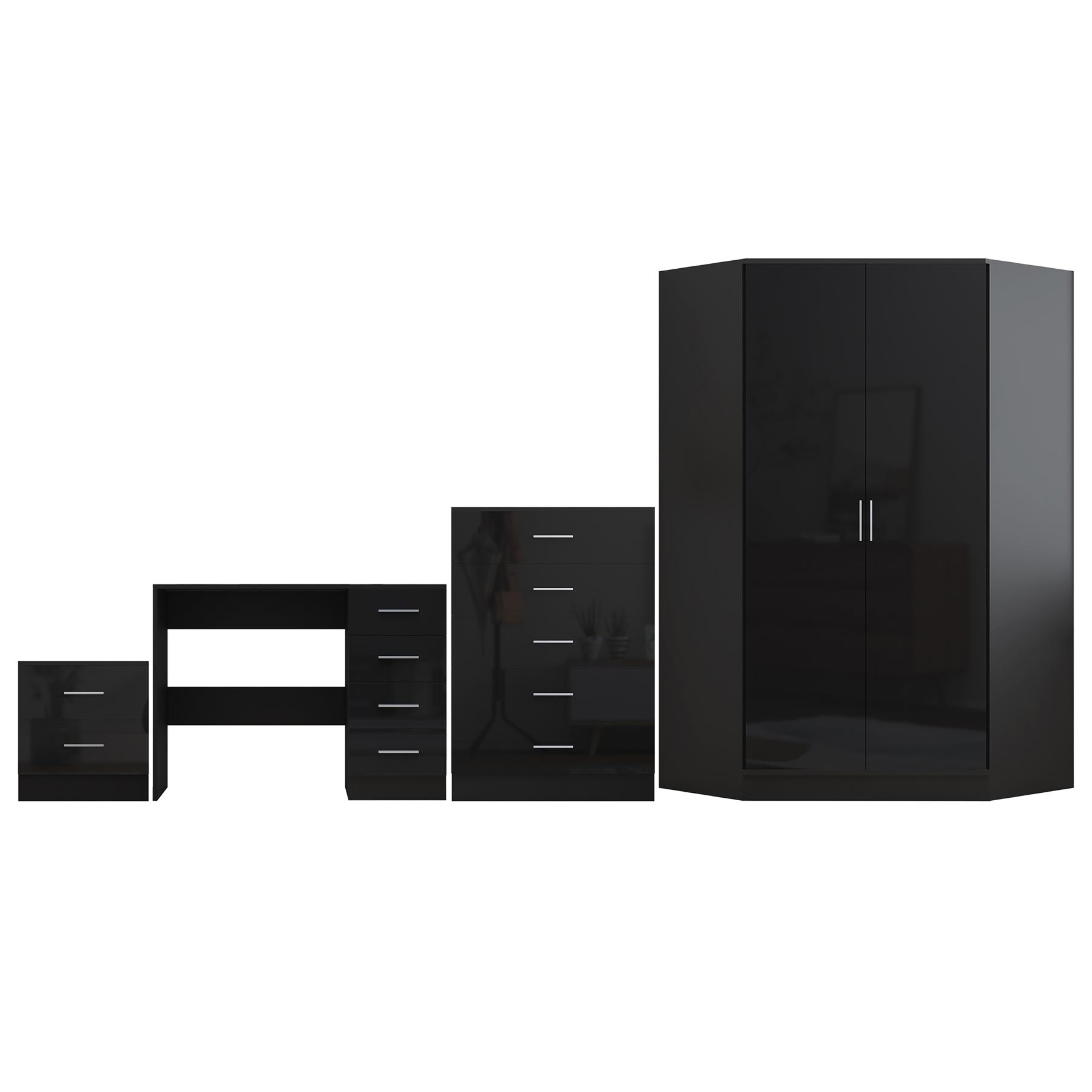 REFLECT Gloss 4pc Set - 2 Door Corner Wardrobe + 5 Draw Chest + Bedside + Desk - Picture 6 of 41