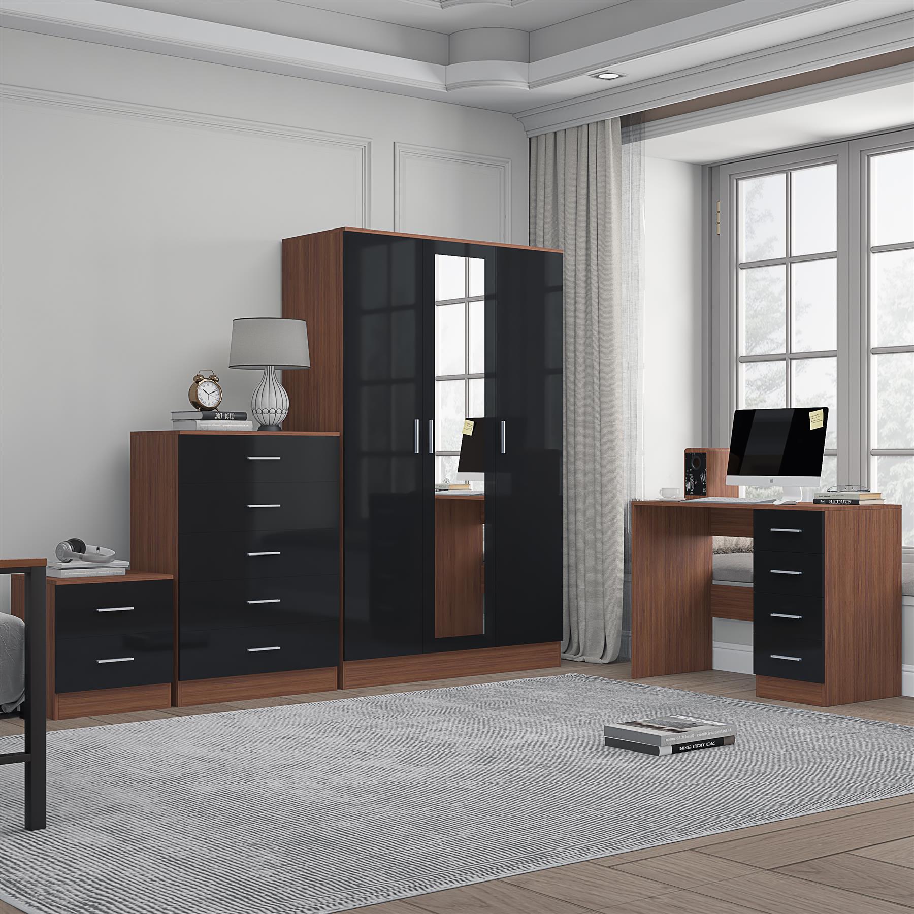 REFLECT Gloss 4pc Set - 3 Door Mirrored Wardrobe + 5 Draw Chest + Bedside + Desk - Picture 18 of 53
