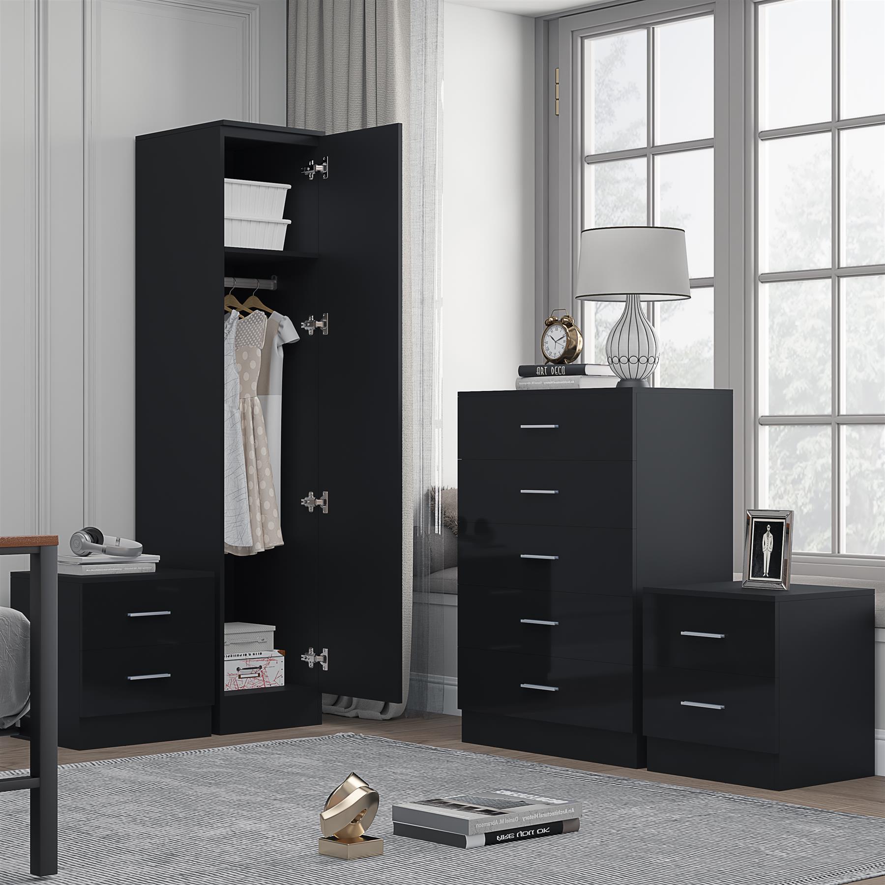 REFLECT Gloss 4pc Bedroom Set - 1 Door Wardrobe + 5 Draw Chest + 2 Bedsides - Picture 3 of 49