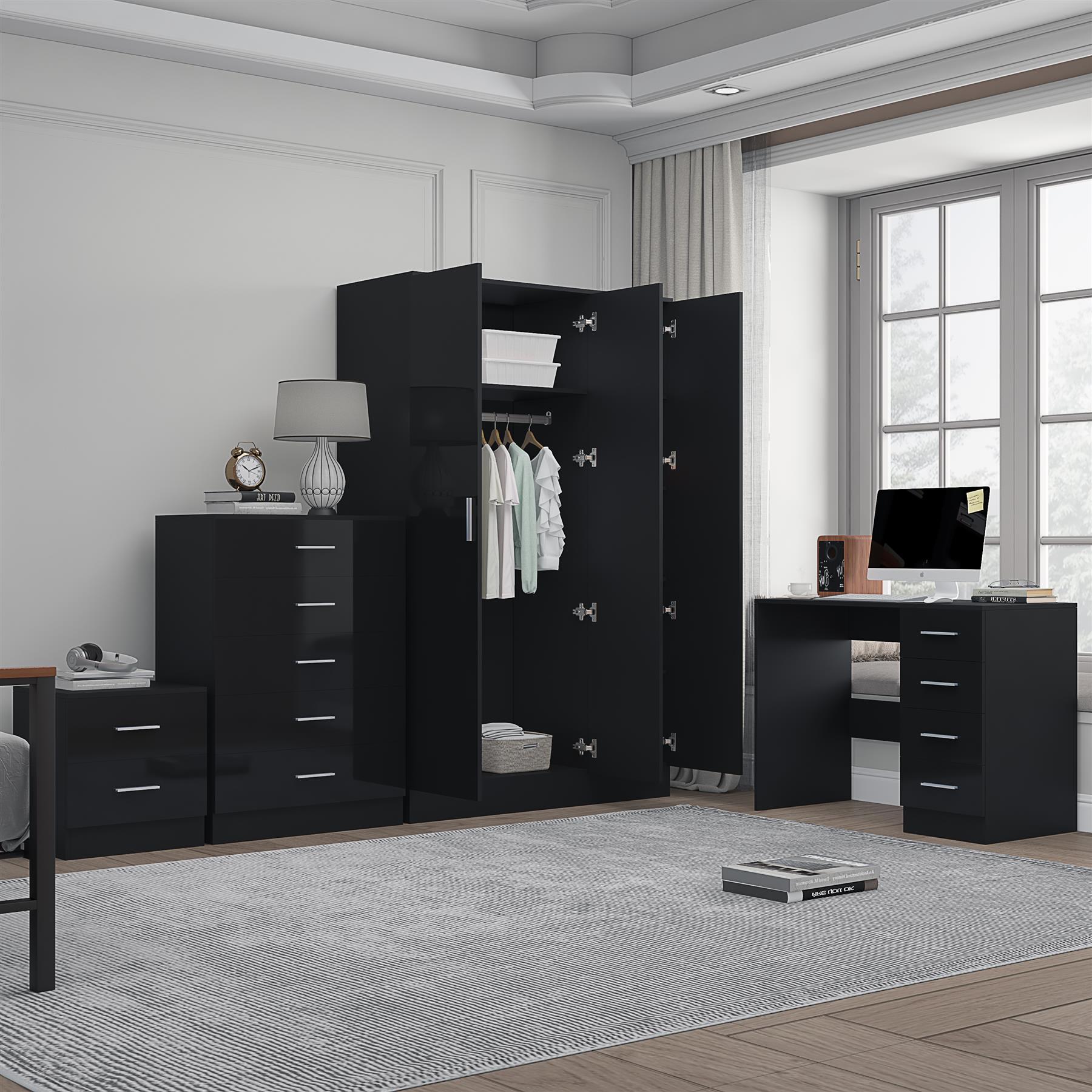REFLECT Gloss 4pc Set - 3 Door Mirrored Wardrobe + 5 Draw Chest + Bedside + Desk - Picture 7 of 53