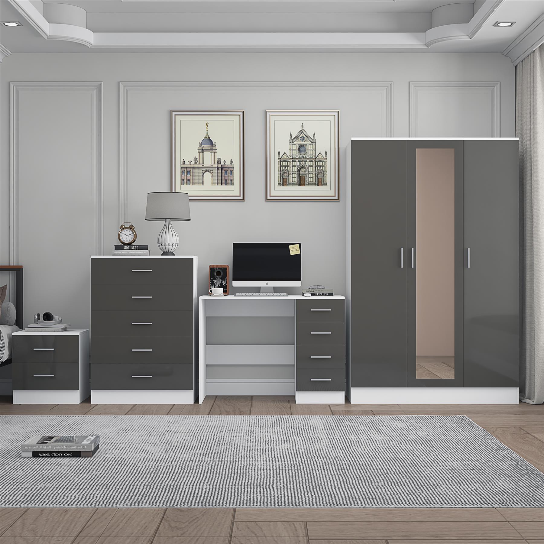 REFLECT Gloss 4pc Set - 3 Door Mirrored Wardrobe + 5 Draw Chest + Bedside + Desk - Picture 32 of 53