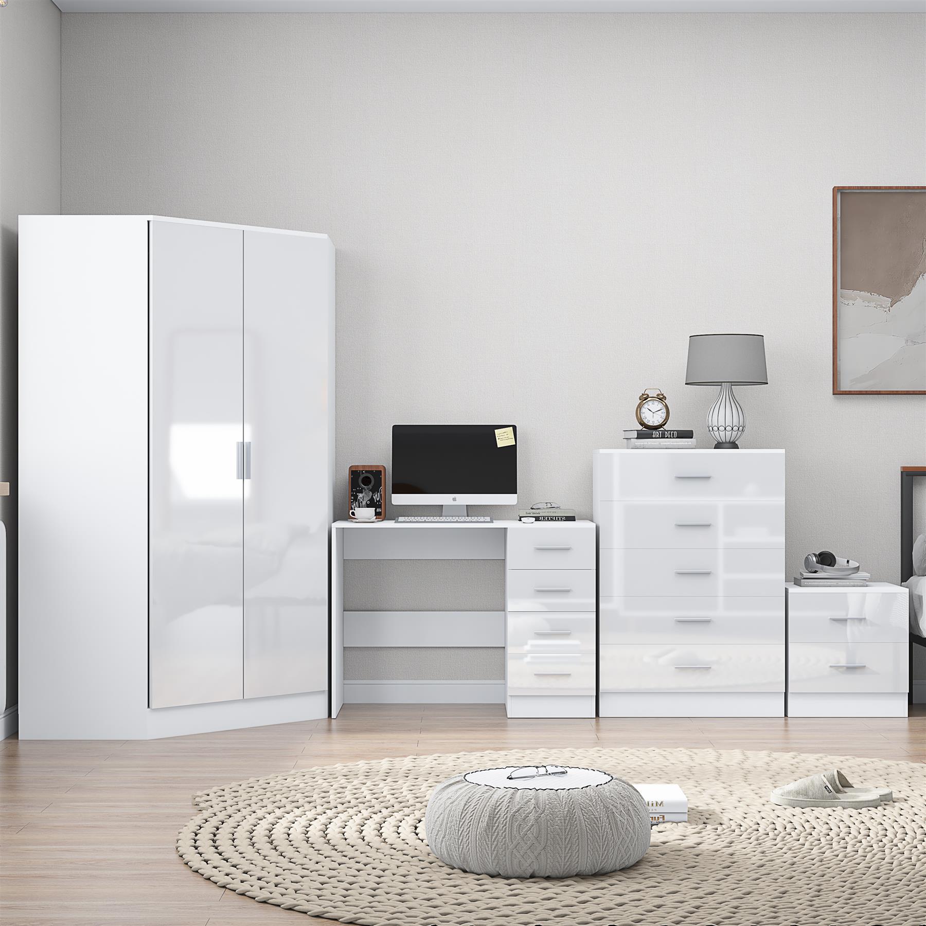 REFLECT Gloss 4pc Set - 2 Door Corner Wardrobe + 5 Draw Chest + Bedside + Desk - Picture 34 of 41