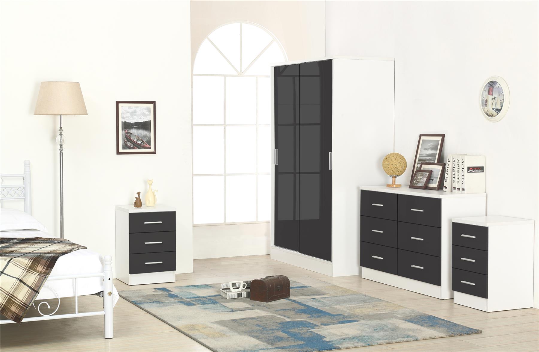 REFLECT Gloss 4pc Set - 2 Door Sliding Wardrobe + Wide Chest + 2 Tall Bedsides - Picture 7 of 8