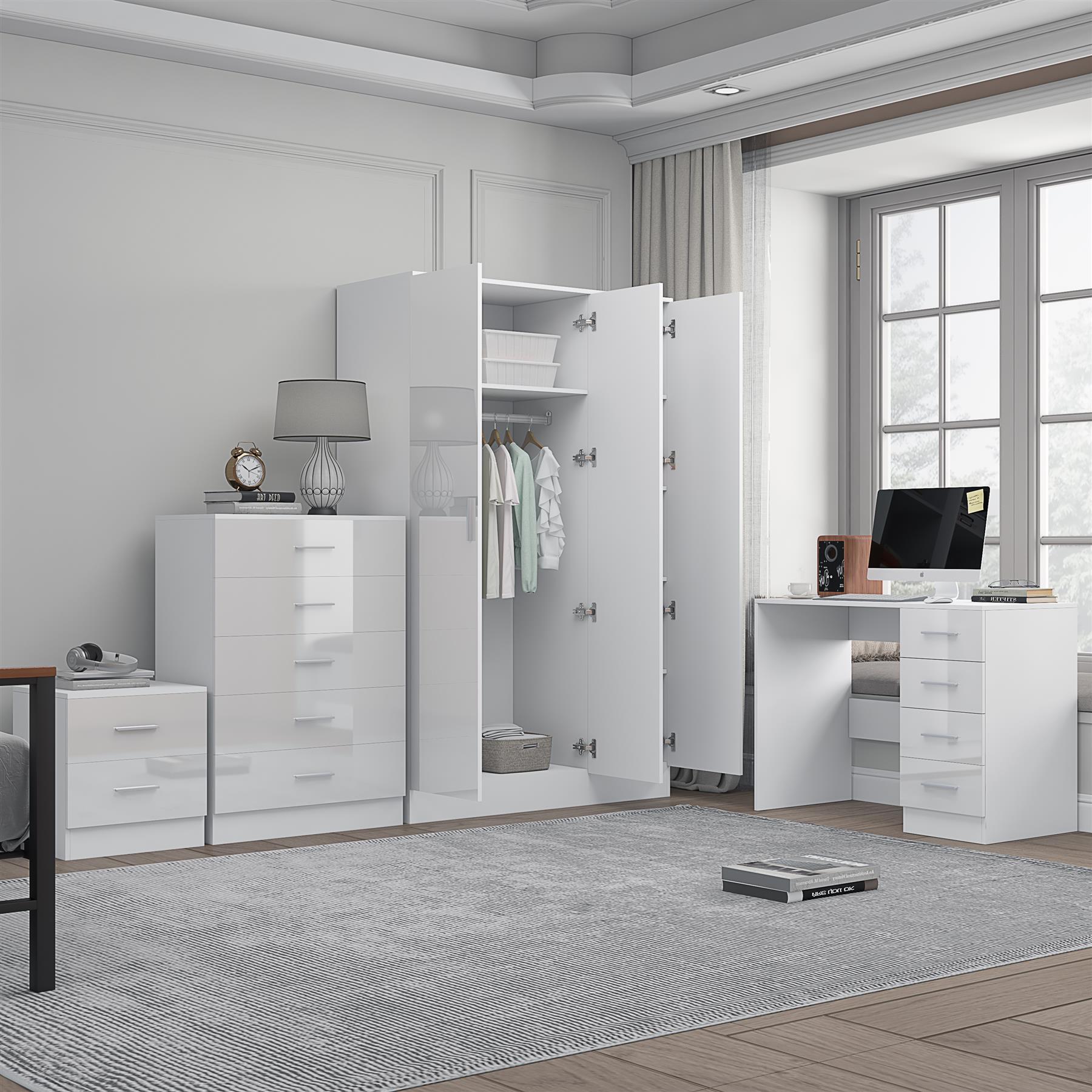 REFLECT Gloss 4pc Set - 3 Door Mirrored Wardrobe + 5 Draw Chest + Bedside + Desk - Picture 43 of 53