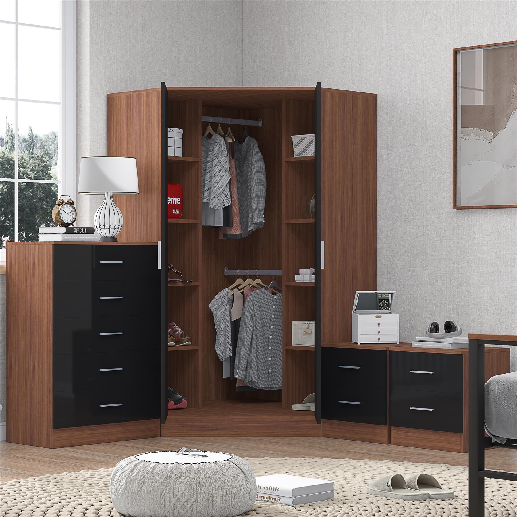 REFLECT Gloss 4pc Set - 2 Door Corner Wardrobe + 5 Draw Chest + 2 Bedsides - Picture 13 of 41
