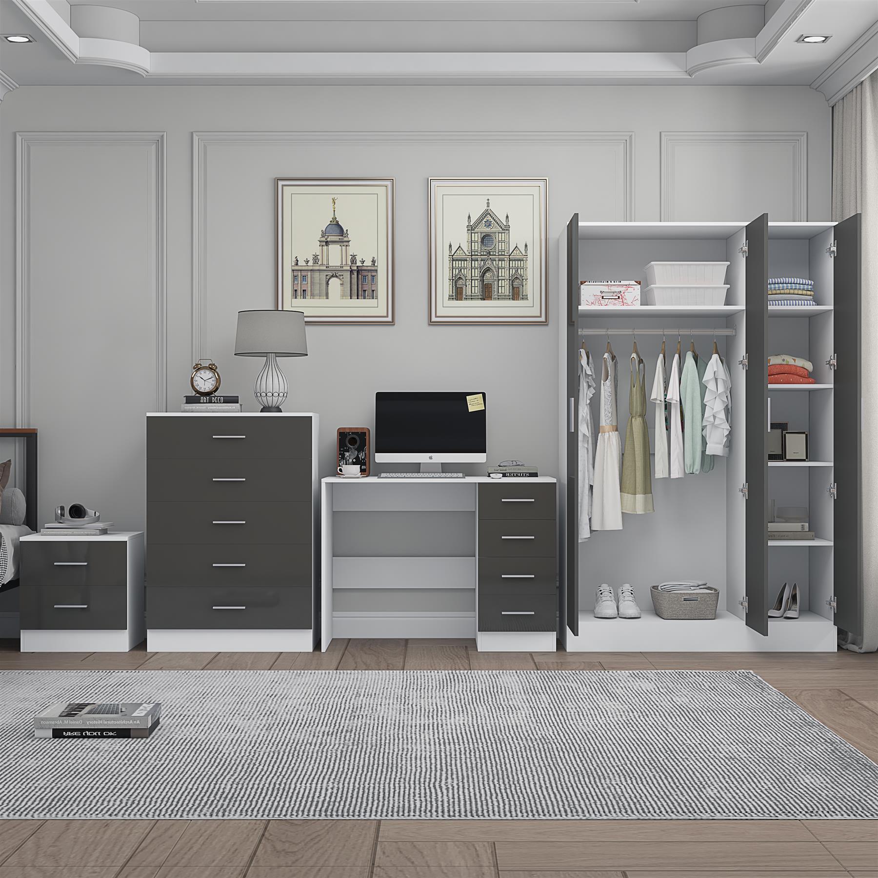 REFLECT Gloss 4pc Set - 3 Door Mirrored Wardrobe + 5 Draw Chest + Bedside + Desk - Picture 33 of 53