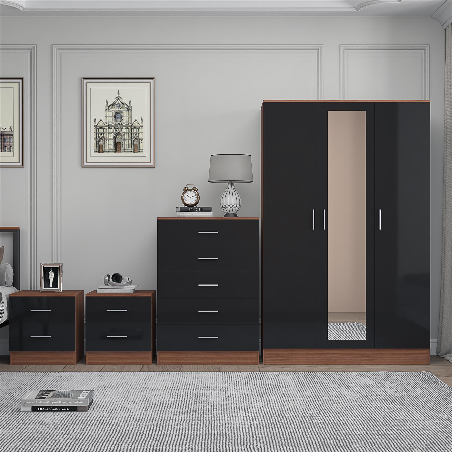 REFLECT Gloss 4pc Set - 3 Door Mirrored Wardrobe + 5 Draw Chest + 2 Bedsides - Picture 19 of 52