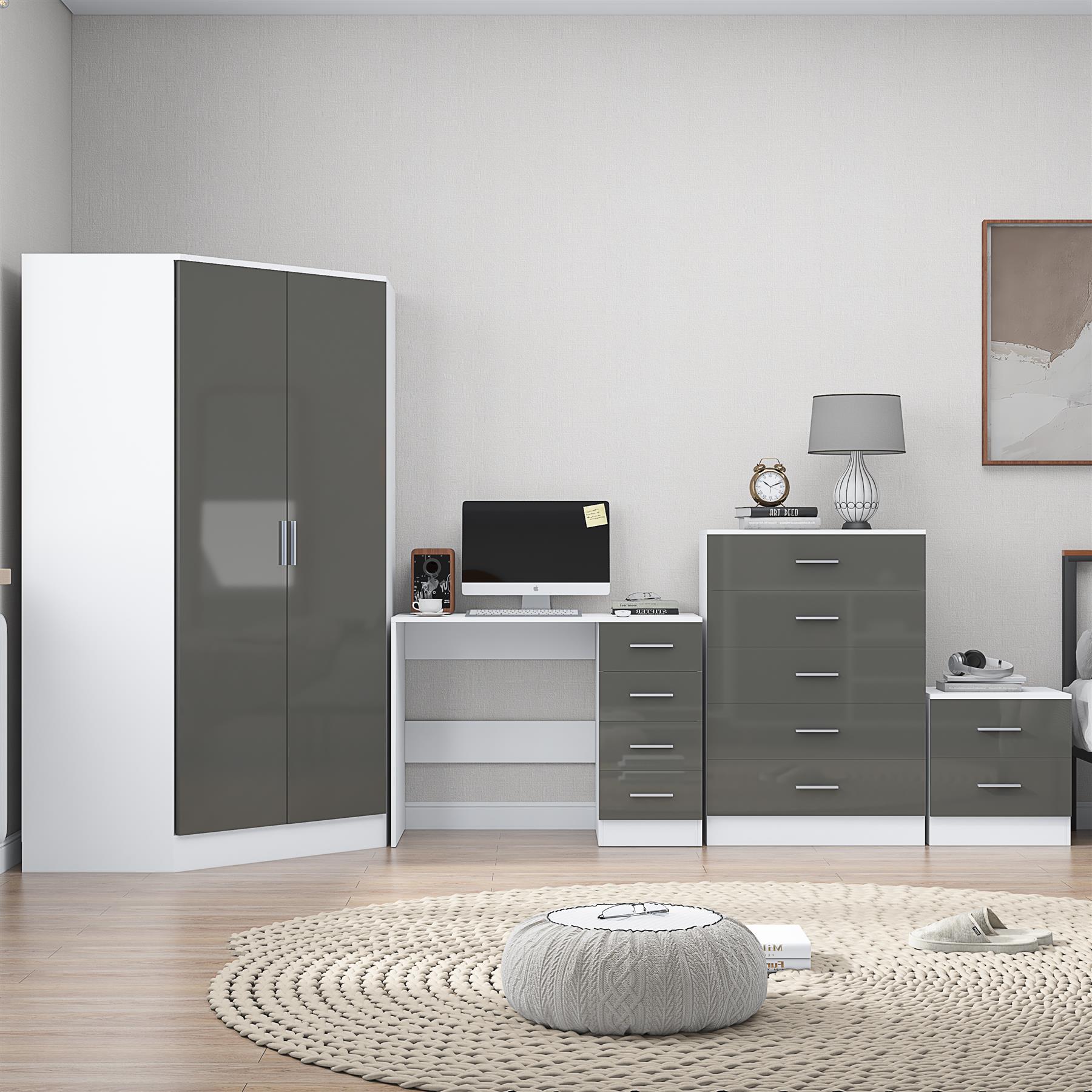 REFLECT Gloss 4pc Set - 2 Door Corner Wardrobe + 5 Draw Chest + Bedside + Desk - Picture 24 of 41