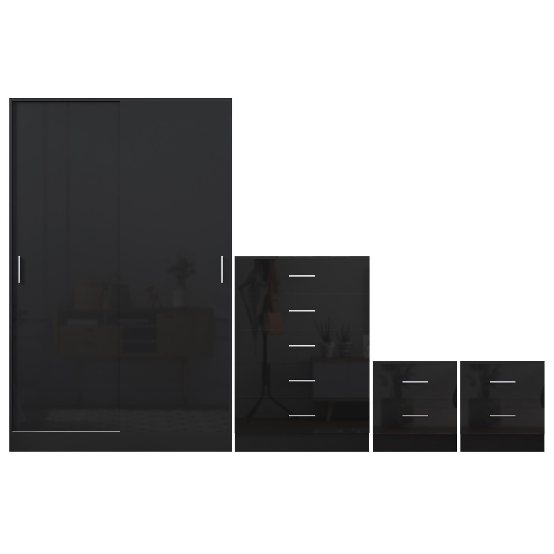 REFLECT Gloss 4pc Set - 2 Door Sliding Wardrobe + 5 Draw Chest + 2 Bedsides - Picture 7 of 41
