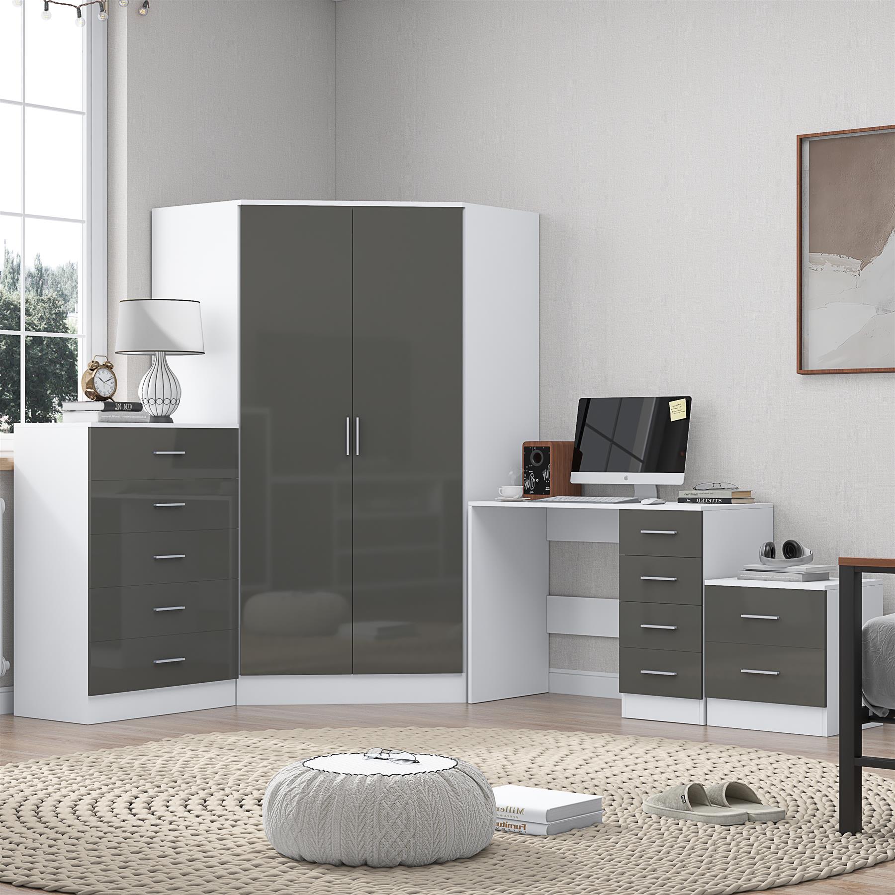 REFLECT Gloss 4pc Set - 2 Door Corner Wardrobe + 5 Draw Chest + Bedside + Desk - Picture 22 of 41