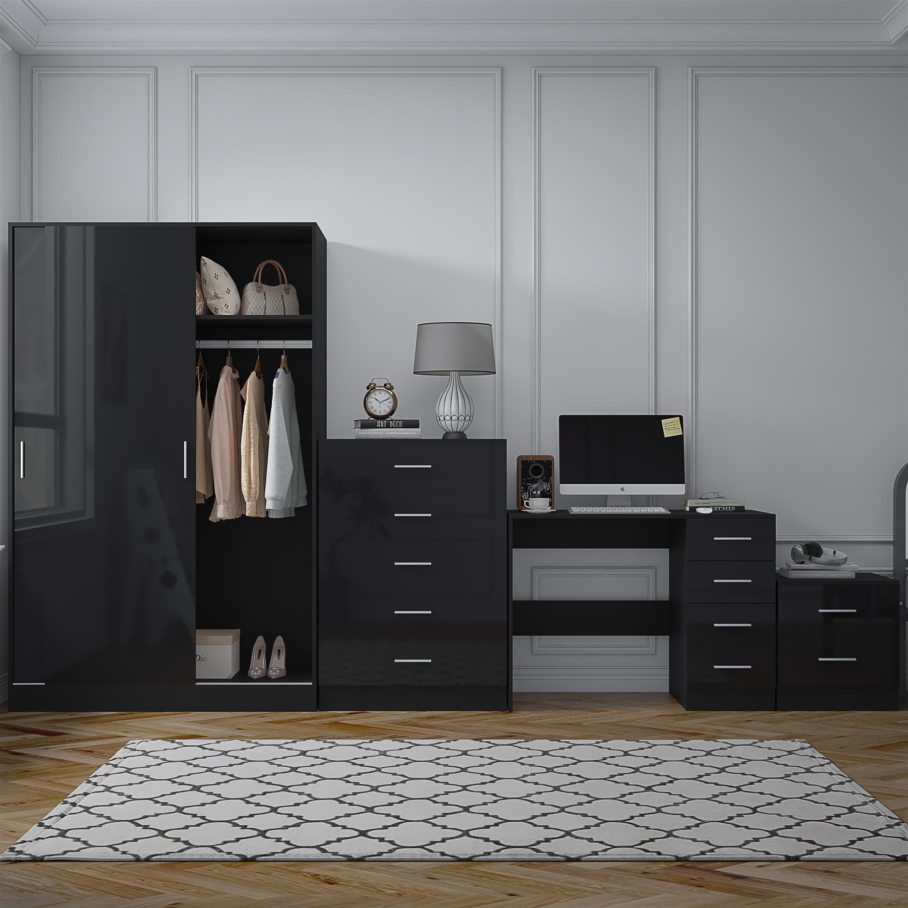 REFLECT Gloss 4pc Set - 2 Door Sliding Wardrobe + 5 Draw Chest + Bedside + Desk - Picture 4 of 41