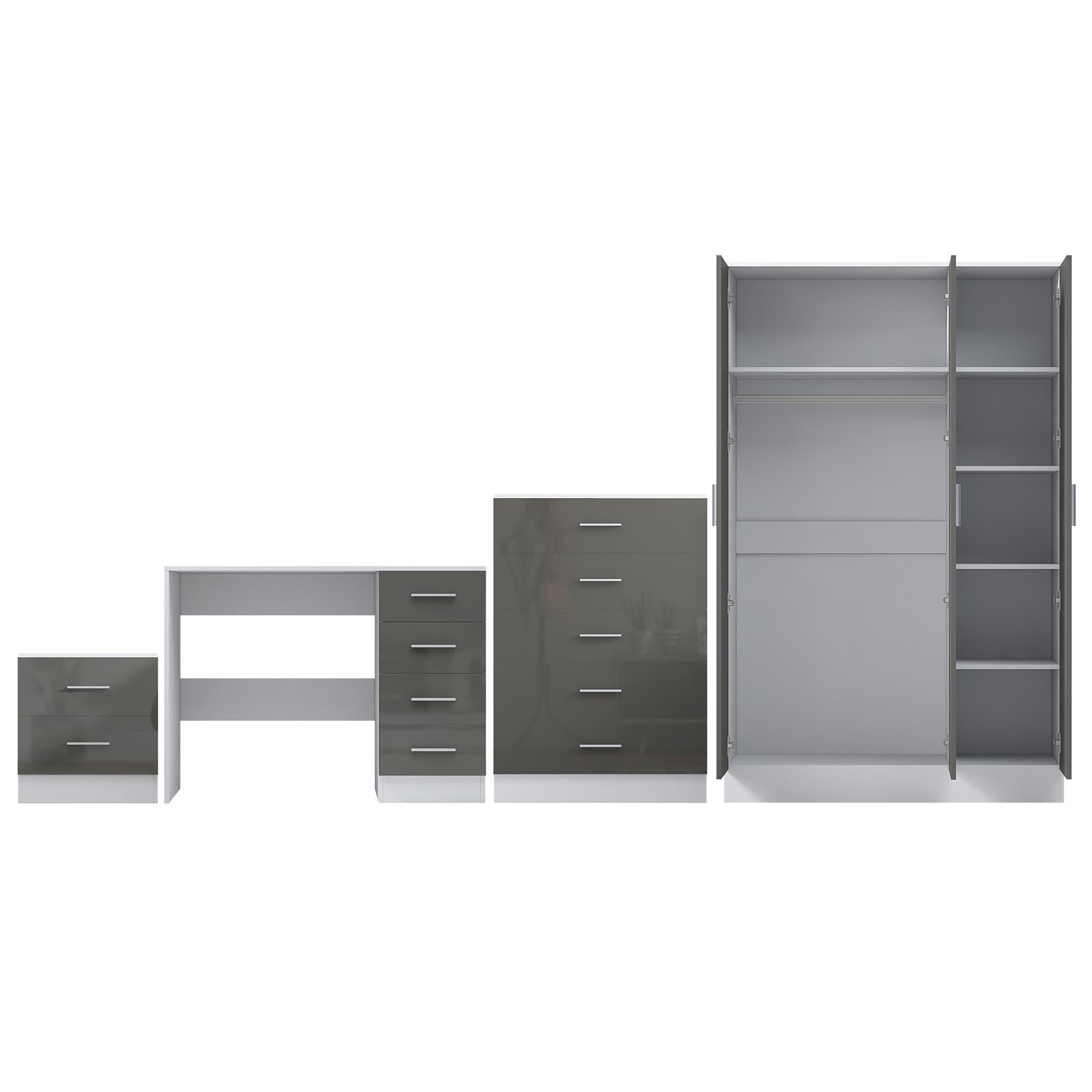 REFLECT Gloss 4pc Bedroom Set - 3 Door Wardrobe + Tall Chest + Bedside + Desk - Picture 27 of 41