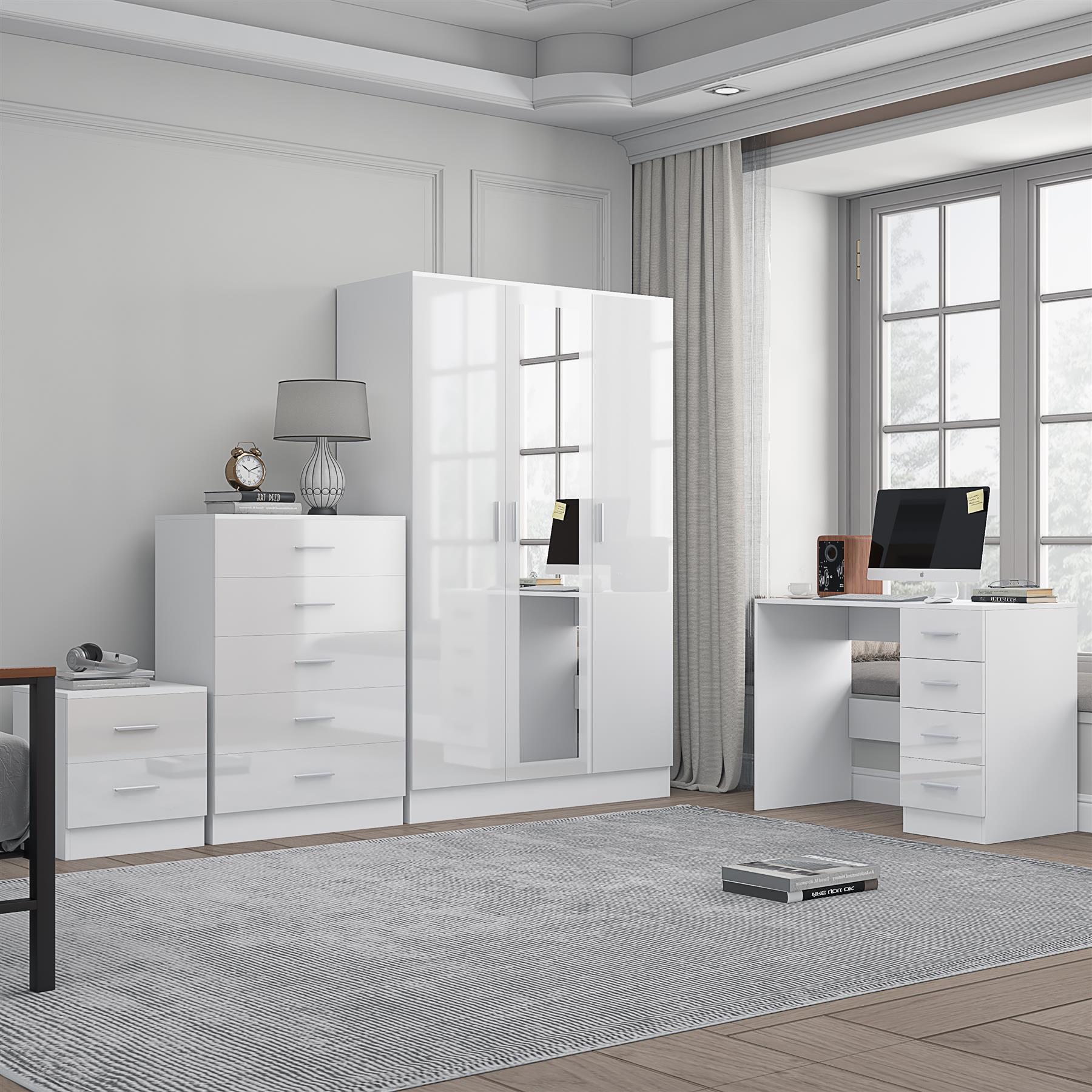 REFLECT Gloss 4pc Set - 3 Door Mirrored Wardrobe + 5 Draw Chest + Bedside + Desk - Picture 42 of 53