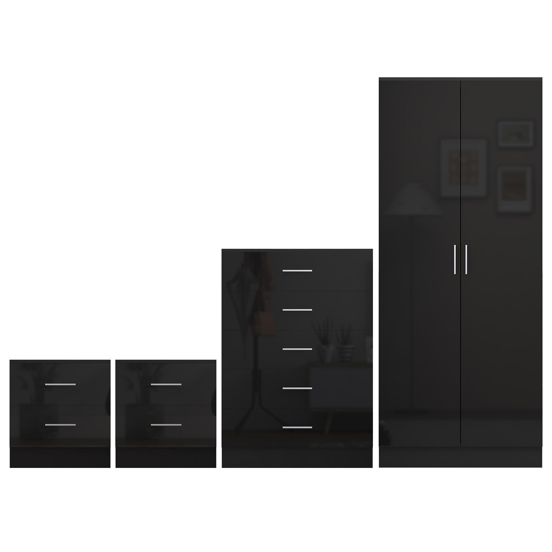 REFLECT Gloss 4pc Bedroom Set - 2 Door Wardrobe + 5 Draw Chest + 2 Bedsides - Picture 6 of 49