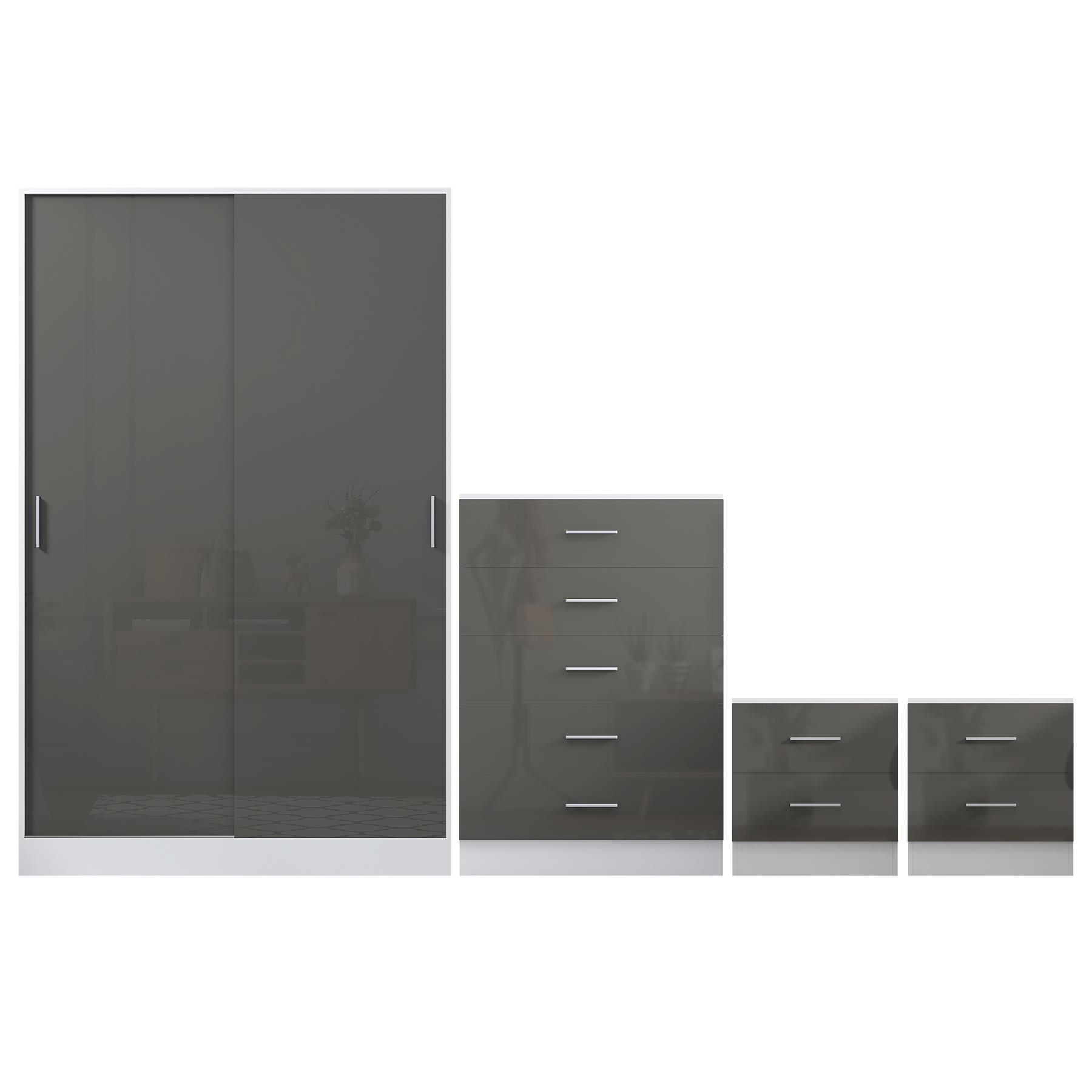REFLECT Gloss 4pc Set - 2 Door Sliding Wardrobe + 5 Draw Chest + 2 Bedsides - Picture 27 of 41