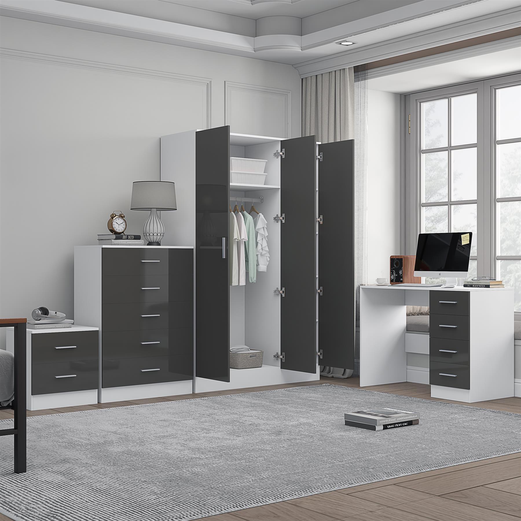 REFLECT Gloss 4pc Set - 3 Door Mirrored Wardrobe + 5 Draw Chest + Bedside + Desk - Picture 31 of 53