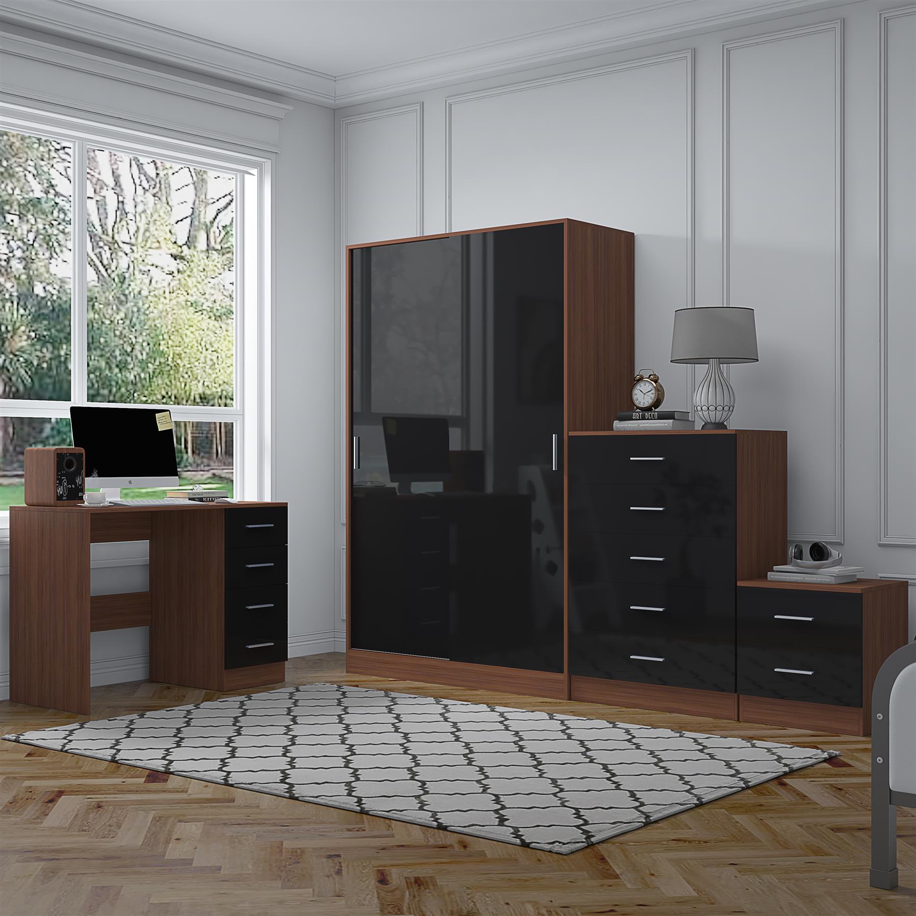 REFLECT Gloss 4pc Set - 2 Door Sliding Wardrobe + 5 Draw Chest + Bedside + Desk - Picture 13 of 41