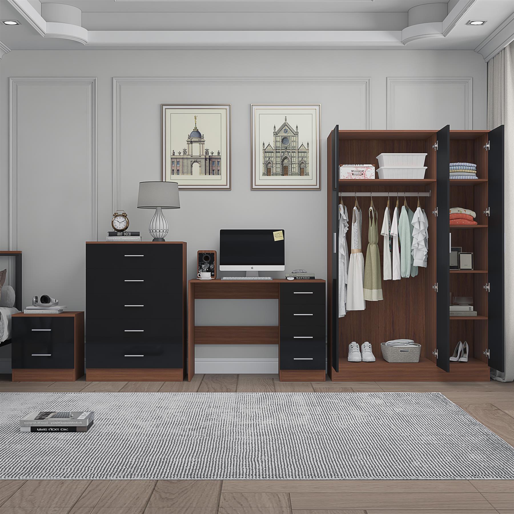 REFLECT Gloss 4pc Set - 3 Door Mirrored Wardrobe + 5 Draw Chest + Bedside + Desk - Picture 21 of 53