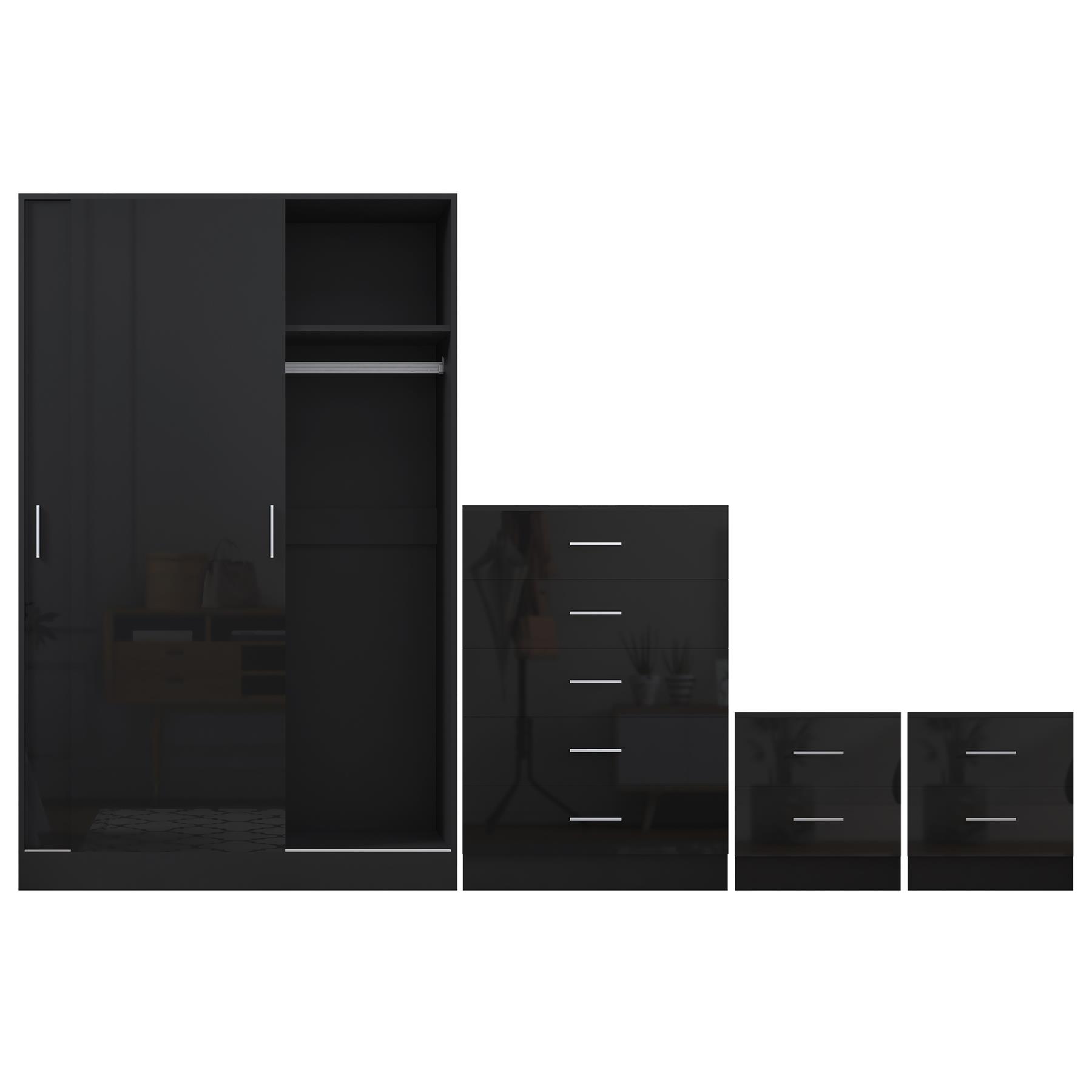 REFLECT Gloss 4pc Set - 2 Door Sliding Wardrobe + 5 Draw Chest + 2 Bedsides - Picture 8 of 41
