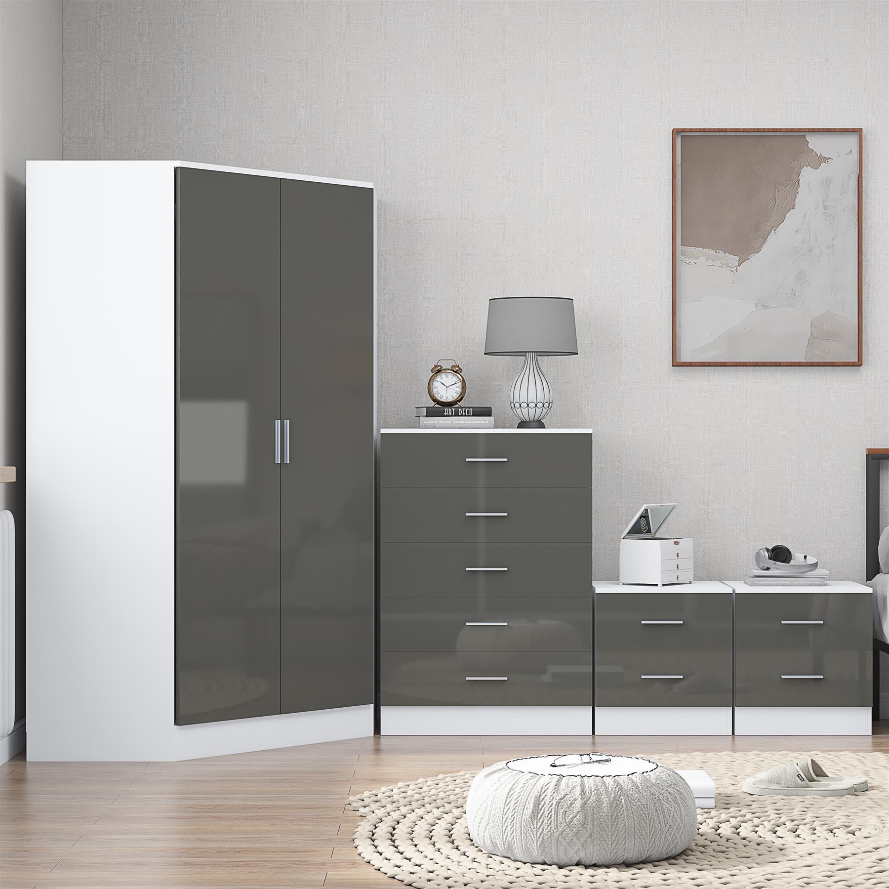 REFLECT Gloss 4pc Set - 2 Door Corner Wardrobe + 5 Draw Chest + 2 Bedsides - Picture 24 of 41