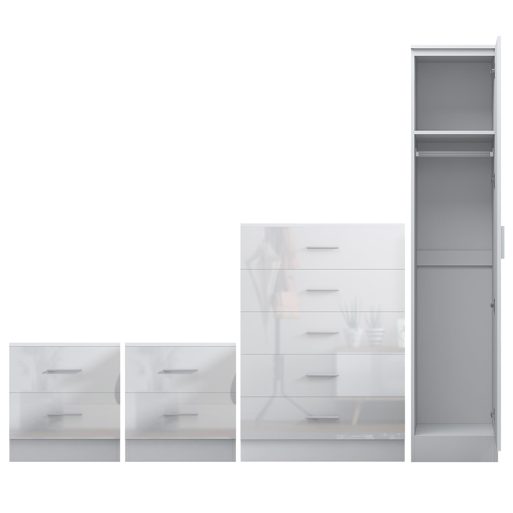REFLECT Gloss 4pc Bedroom Set - 1 Door Wardrobe + 5 Draw Chest + 2 Bedsides - Picture 42 of 49