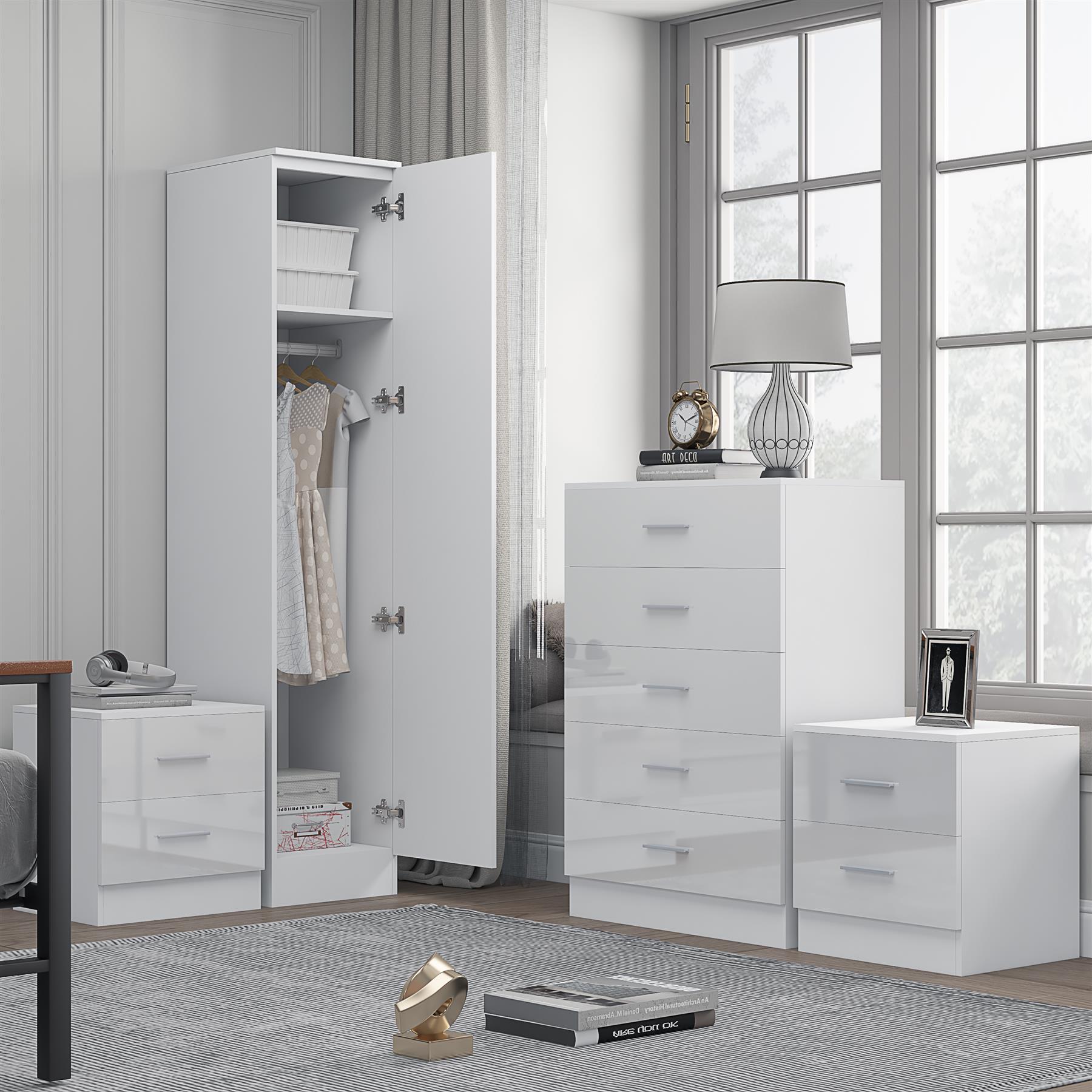 REFLECT Gloss 4pc Bedroom Set - 1 Door Wardrobe + 5 Draw Chest + 2 Bedsides - Picture 39 of 49