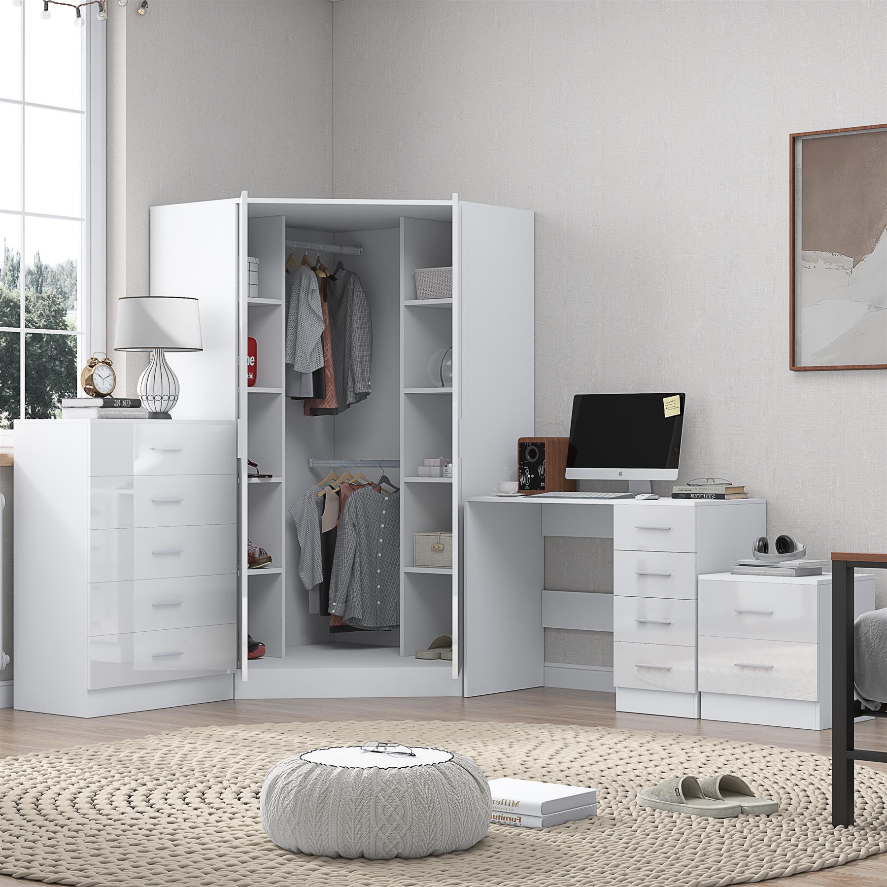 REFLECT Gloss 4pc Set - 2 Door Corner Wardrobe + 5 Draw Chest + Bedside + Desk - Picture 33 of 41