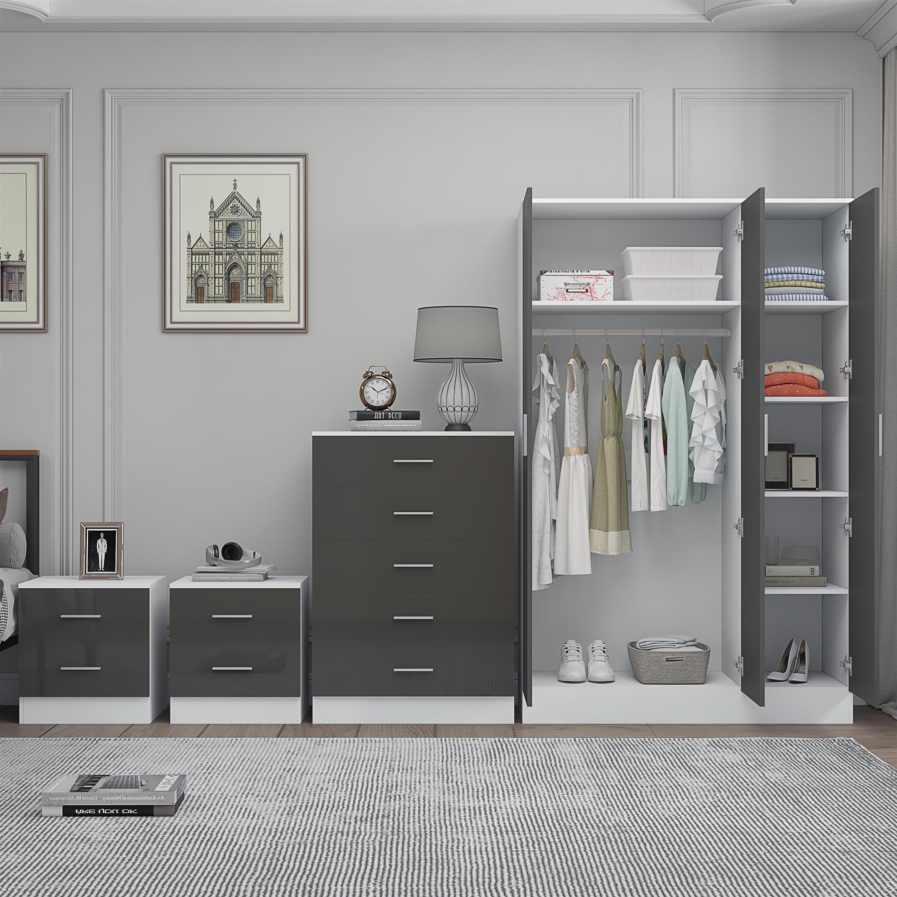 REFLECT Gloss 4pc Set - 3 Door Mirrored Wardrobe + 5 Draw Chest + 2 Bedsides - Picture 32 of 52