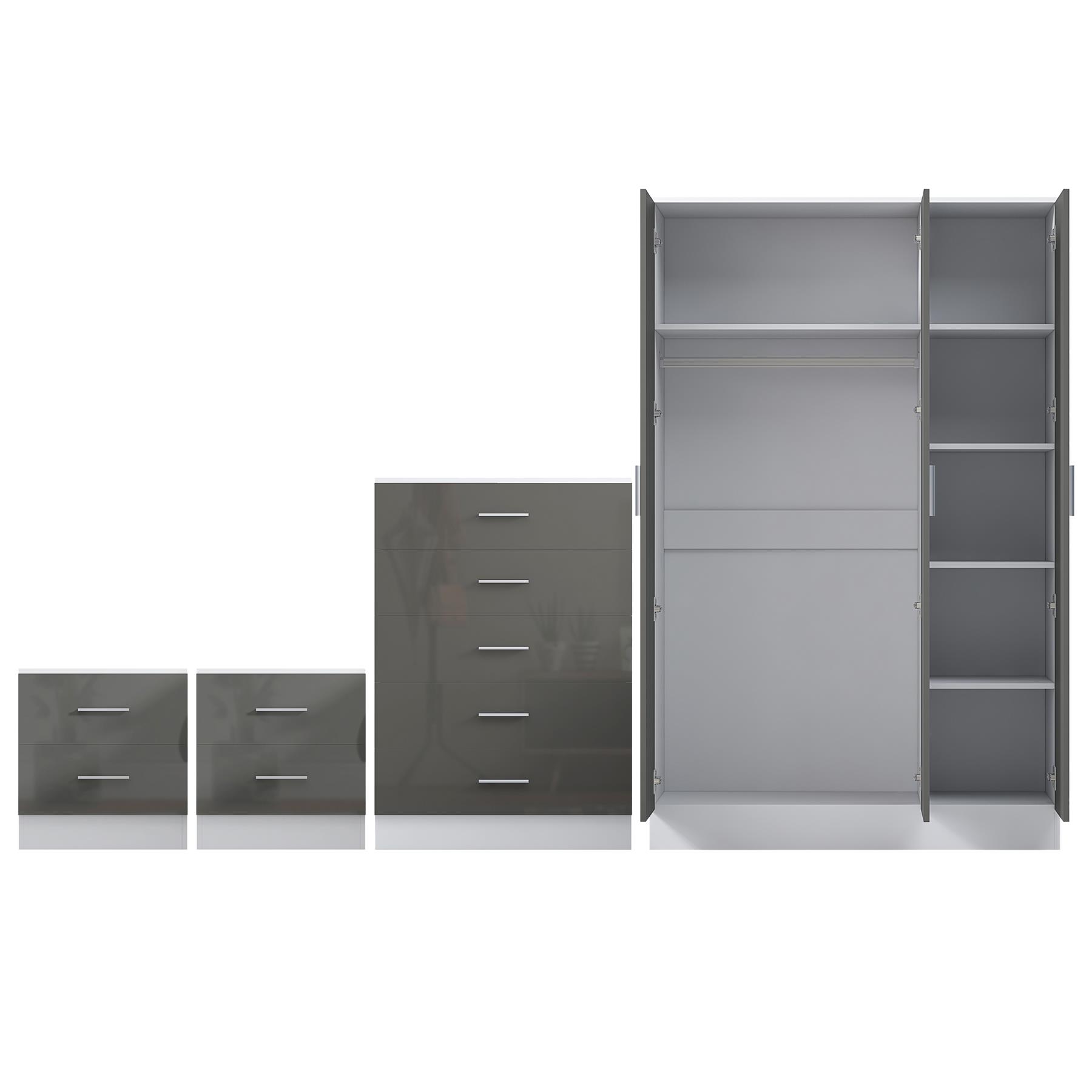 REFLECT Gloss 4pc Set - 3 Door Mirrored Wardrobe + 5 Draw Chest + 2 Bedsides - Picture 37 of 52