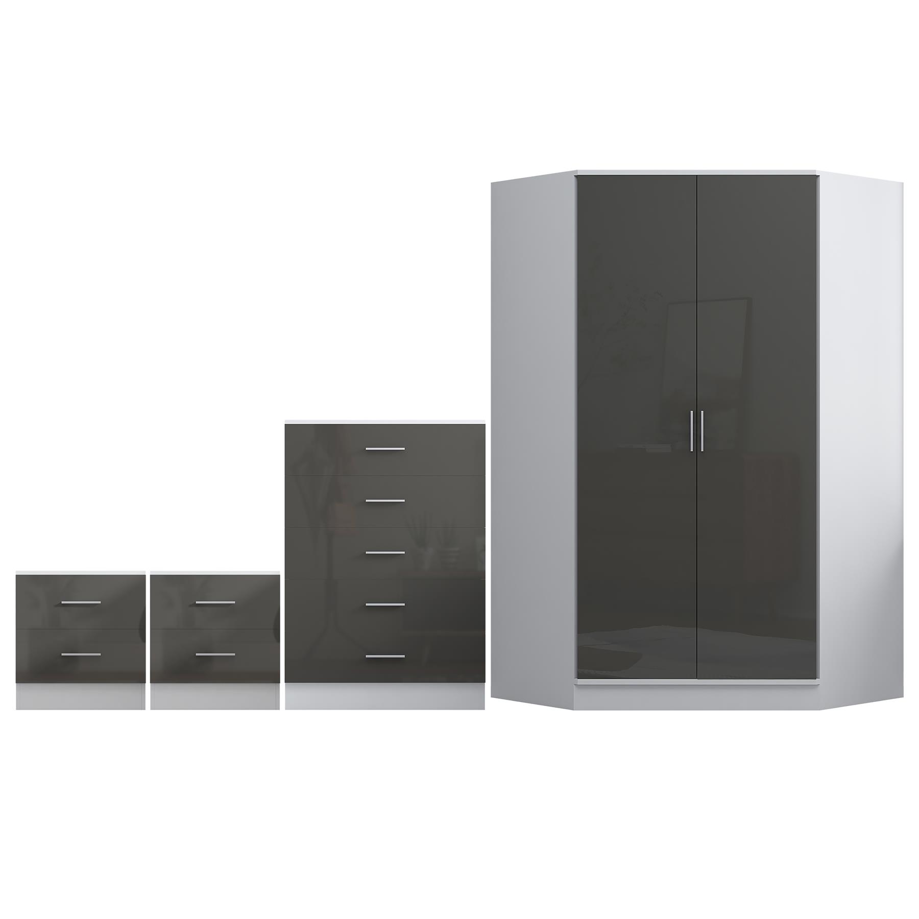 REFLECT Gloss 4pc Set - 2 Door Corner Wardrobe + 5 Draw Chest + 2 Bedsides - Picture 27 of 41