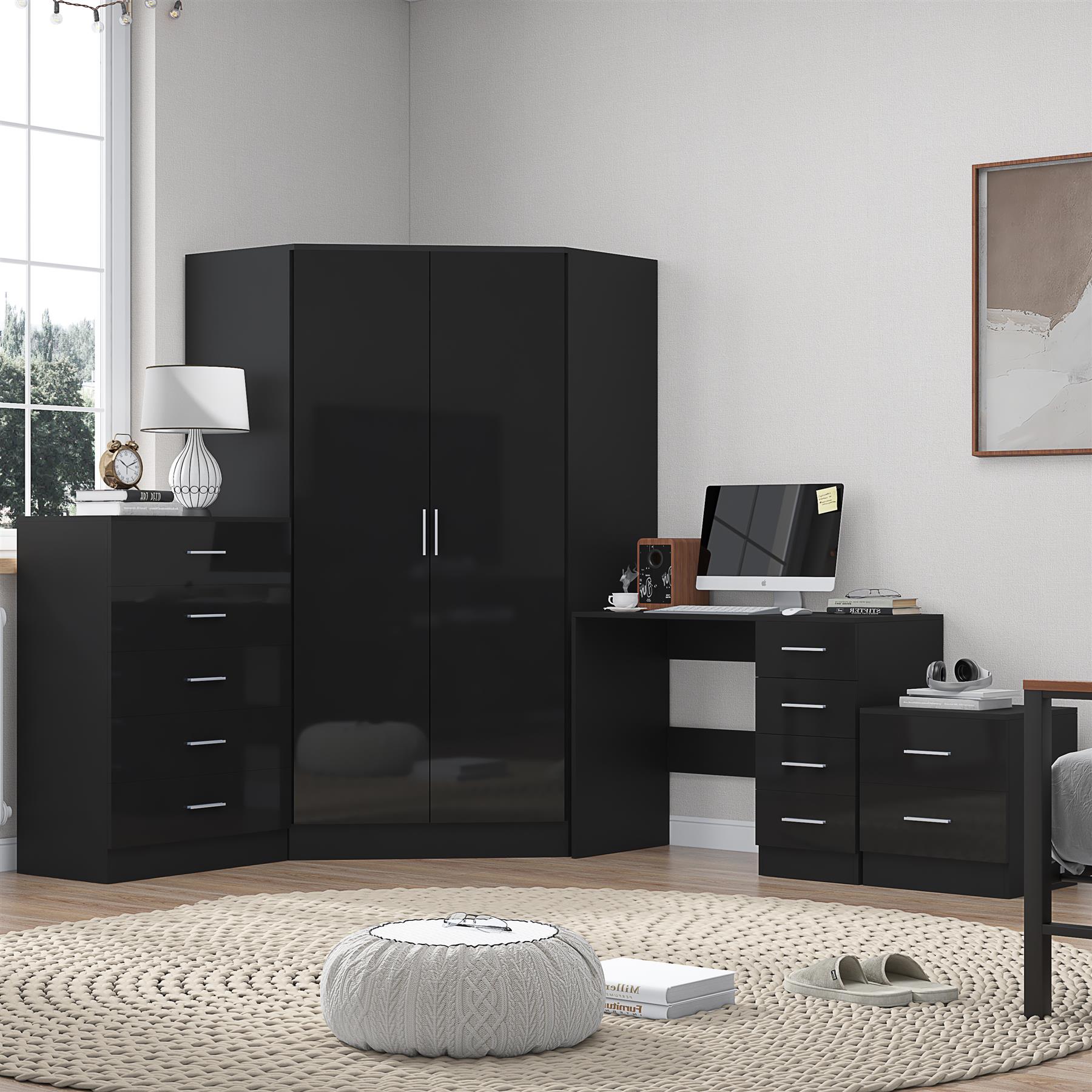 REFLECT Gloss 4pc Set - 2 Door Corner Wardrobe + 5 Draw Chest + Bedside + Desk - Picture 2 of 41