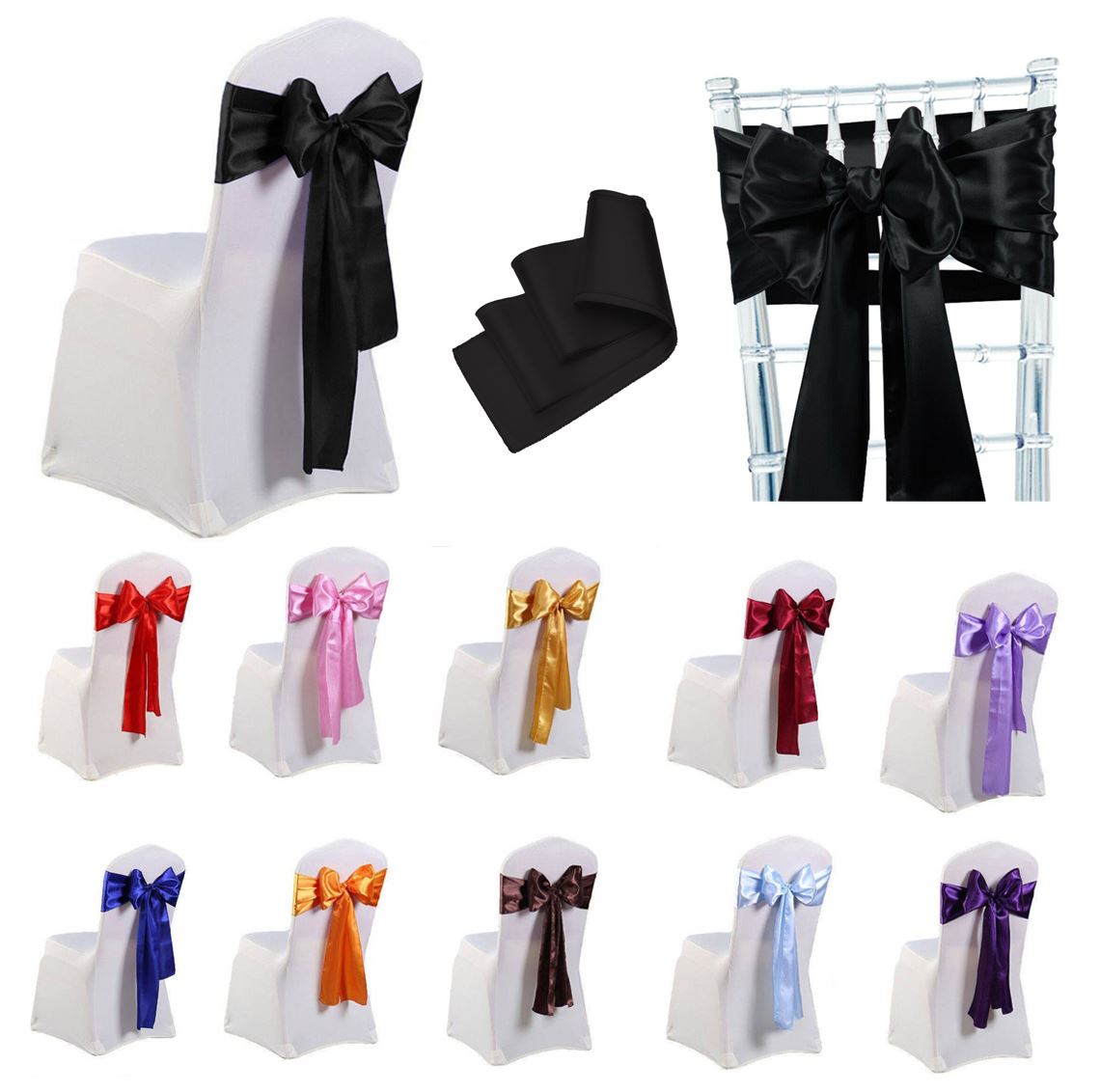 Satin Chair Cover Sashes Fuller Bow Ribbon Wedding Banquet Party Décor 10 Pcs