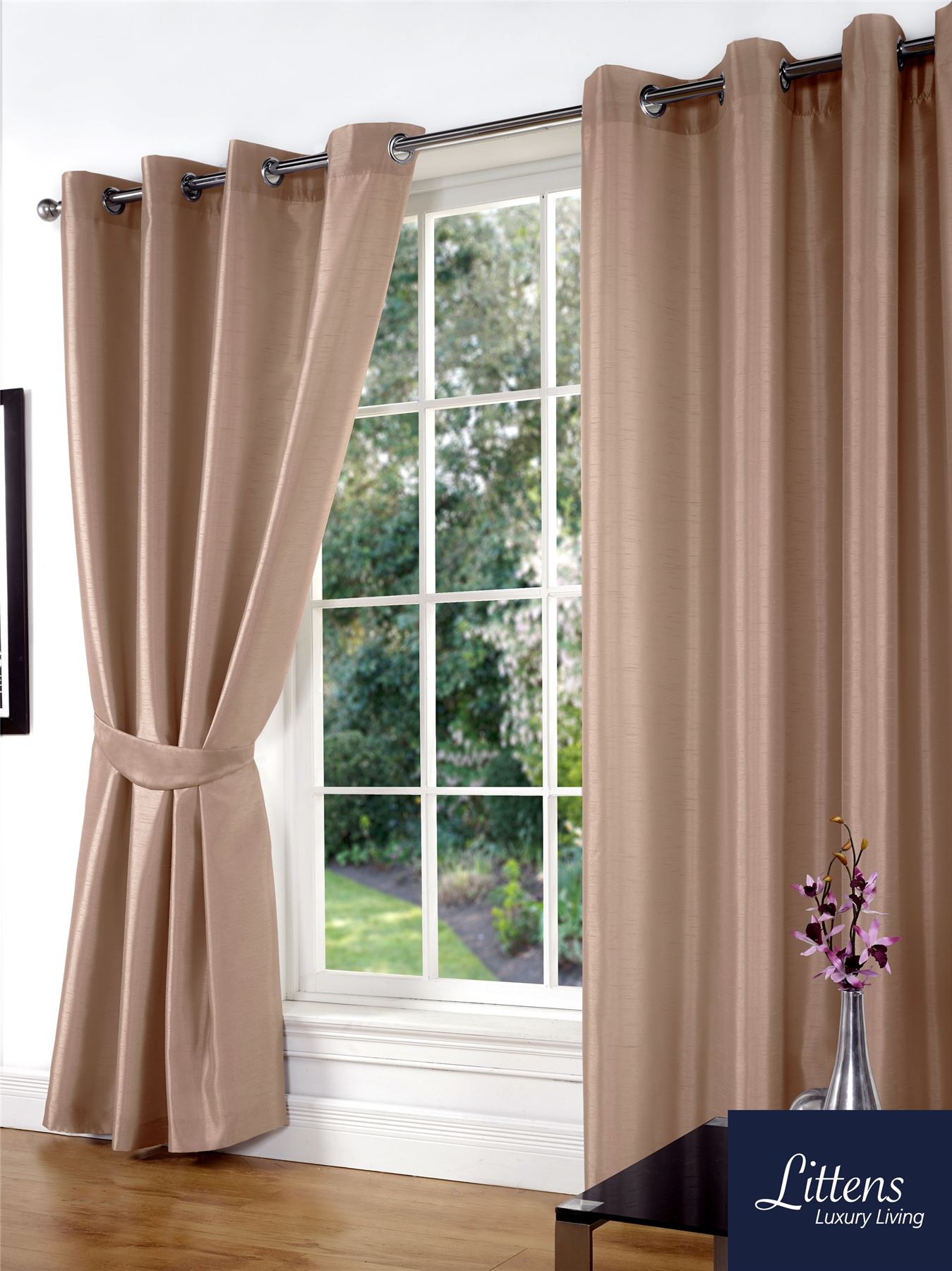 Cappuccino Kunstseide geschmumpft Ösen, Ring Top, Paar Vorhänge inkl. Raffbänder - Bild 16 von 28