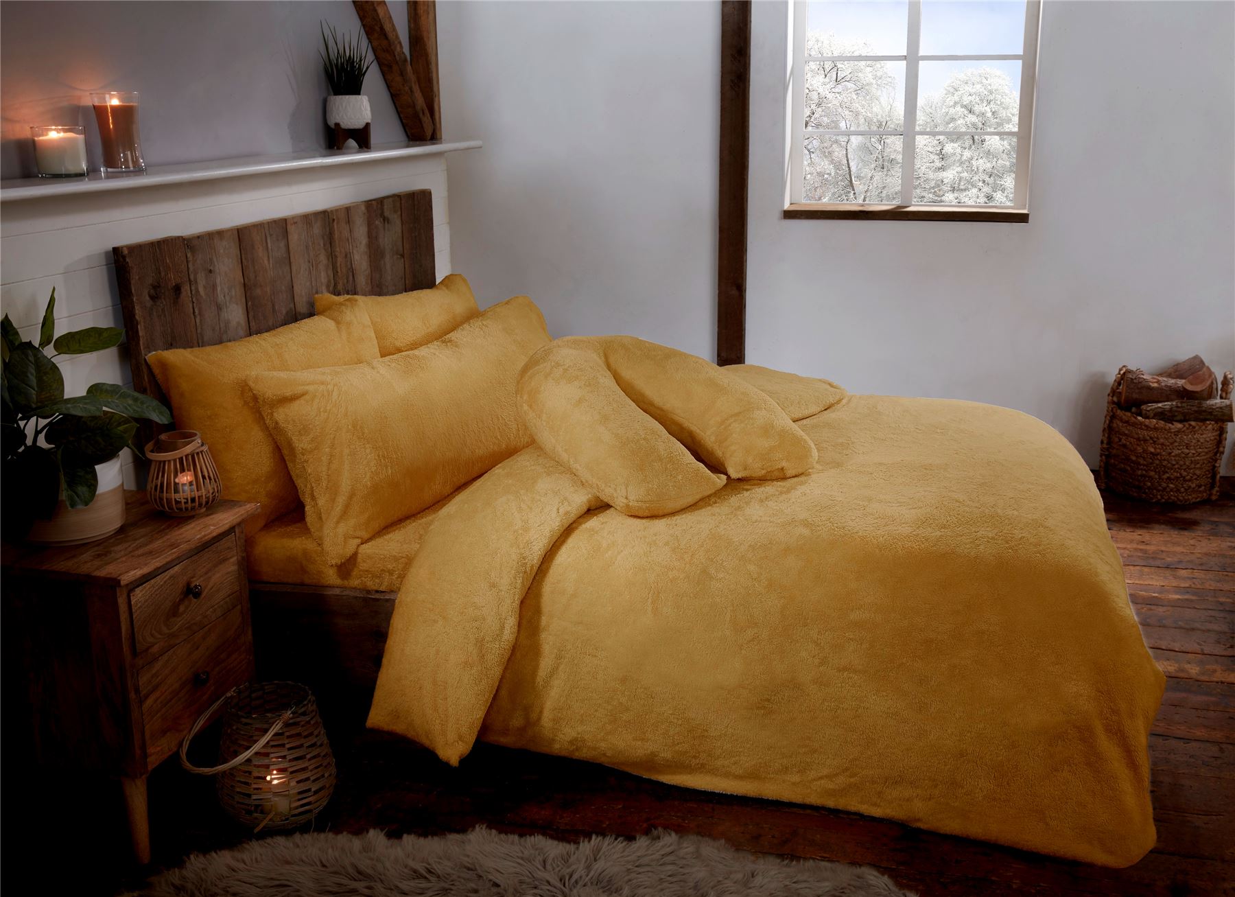 Ochre Yellow Teddy Fleece Fur Soft Cosy Duvet Quilt Cover Set Inc Pillowcases - Picture 3 of 5