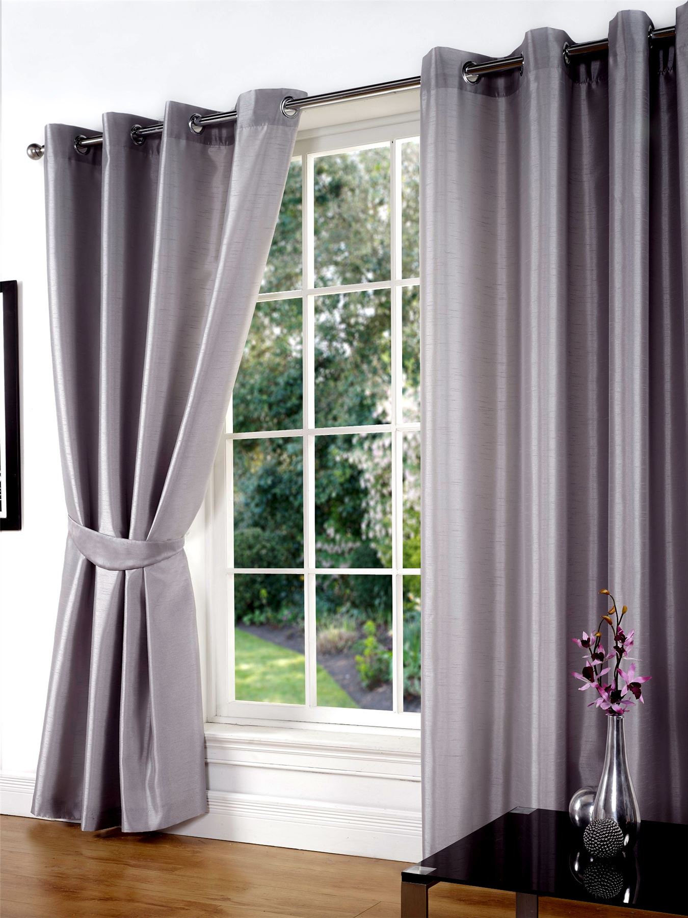 Silbergrau Kunstseide geschmppt Ösen, Ring Top, Paar Vorhänge inkl. Raffbänder - Bild 7 von 37