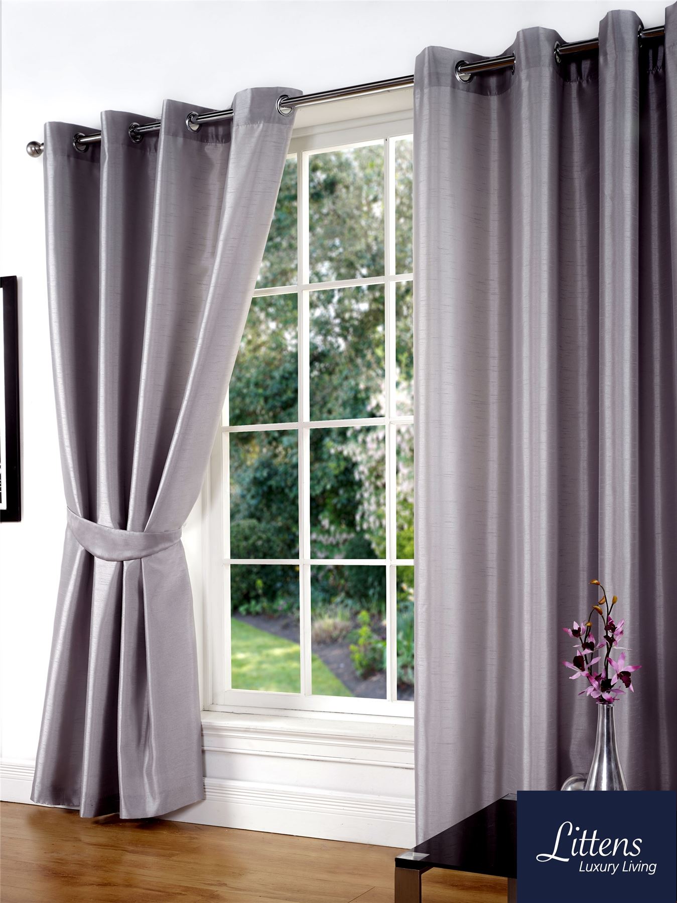 Silbergrau Kunstseide geschmppt Ösen, Ring Top, Paar Vorhänge inkl. Raffbänder - Bild 9 von 37