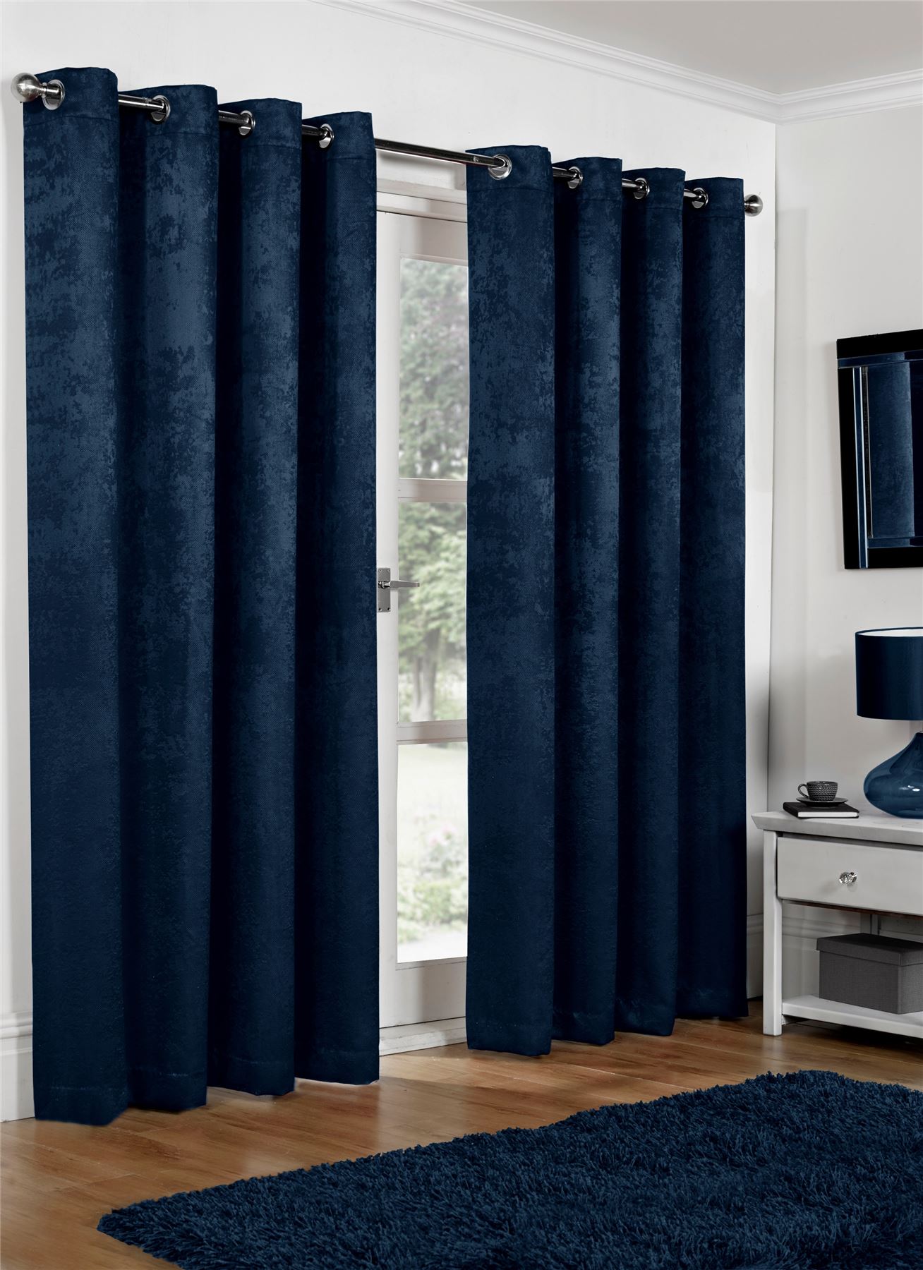 Luxus Marineblau Geprägt Thermo Verdunkelung Ösen Ringtop Schwer Paar Vorhänge - Bild 5 von 11