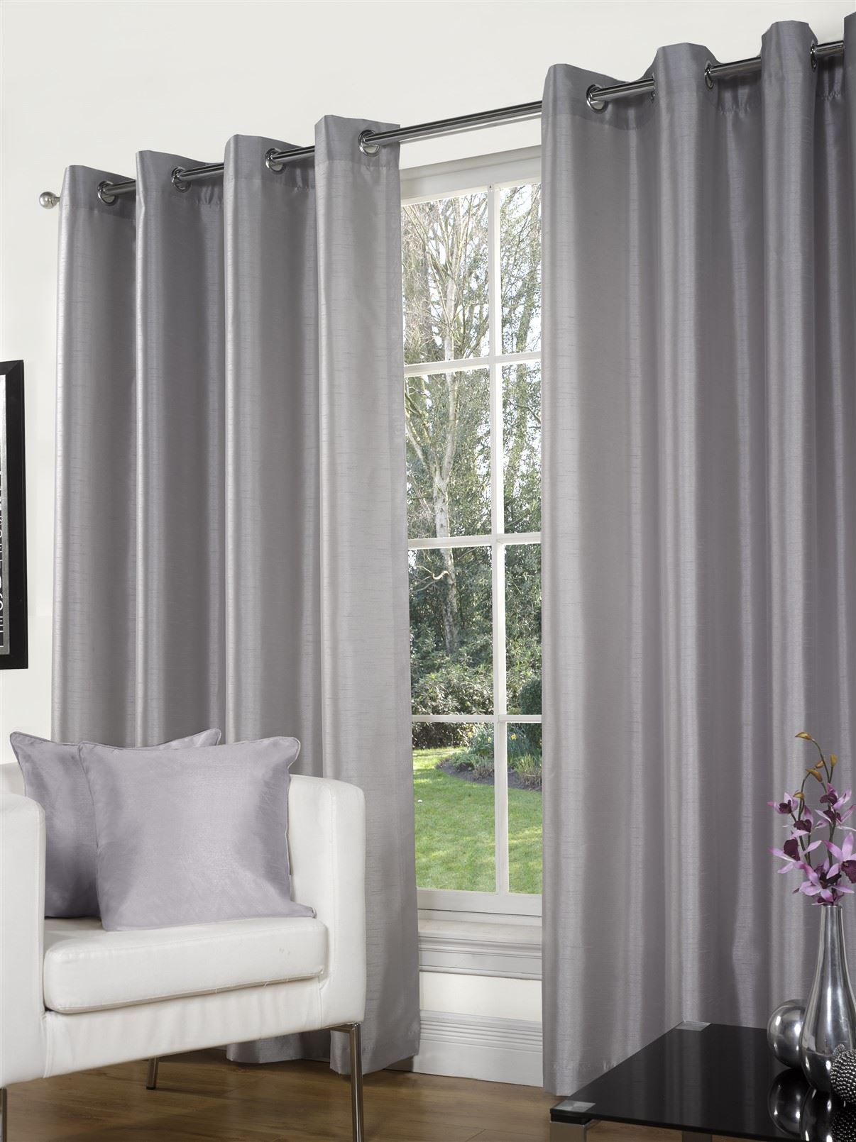 Silbergrau Kunstseide geschmppt Ösen, Ring Top, Paar Vorhänge inkl. Raffbänder - Bild 37 von 37