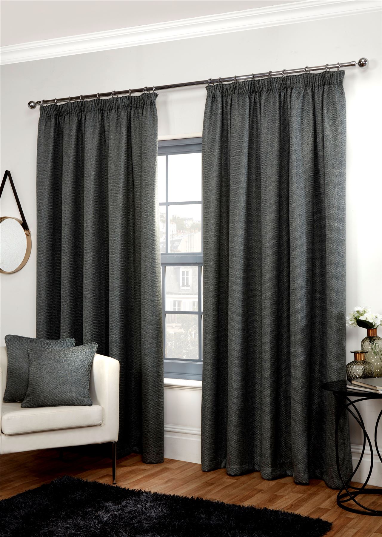 Luxury Woven Basket Weave Thermal Blackout 3" Pencil Pleat Lined Pair Curtains - Picture 3 of 4