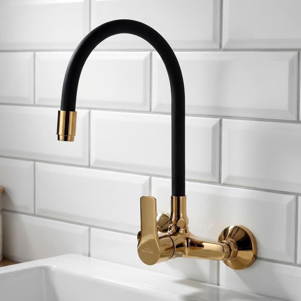 Black Gold Kitchen Mixer Tap Wall Mounted Flexible Spout