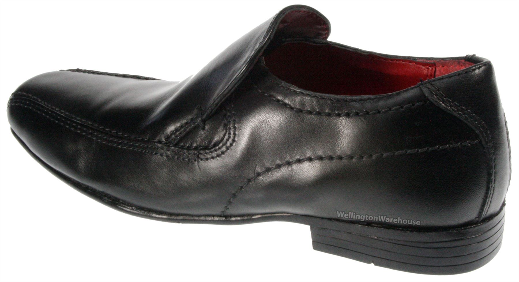 Zapatos sin cordones de cuero negro con cinta roja para niños Reino Unido Junior talla 1 2 3 - Imagen 3 de 4