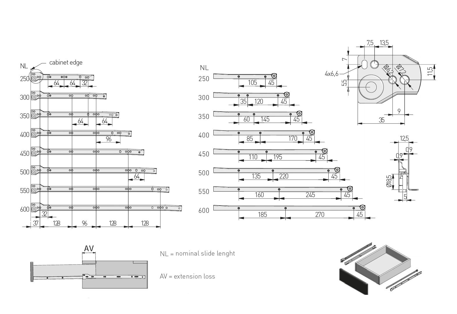 Set Roller Drawer Runners Metal Grey Kitchen All Sizes + Free fixing