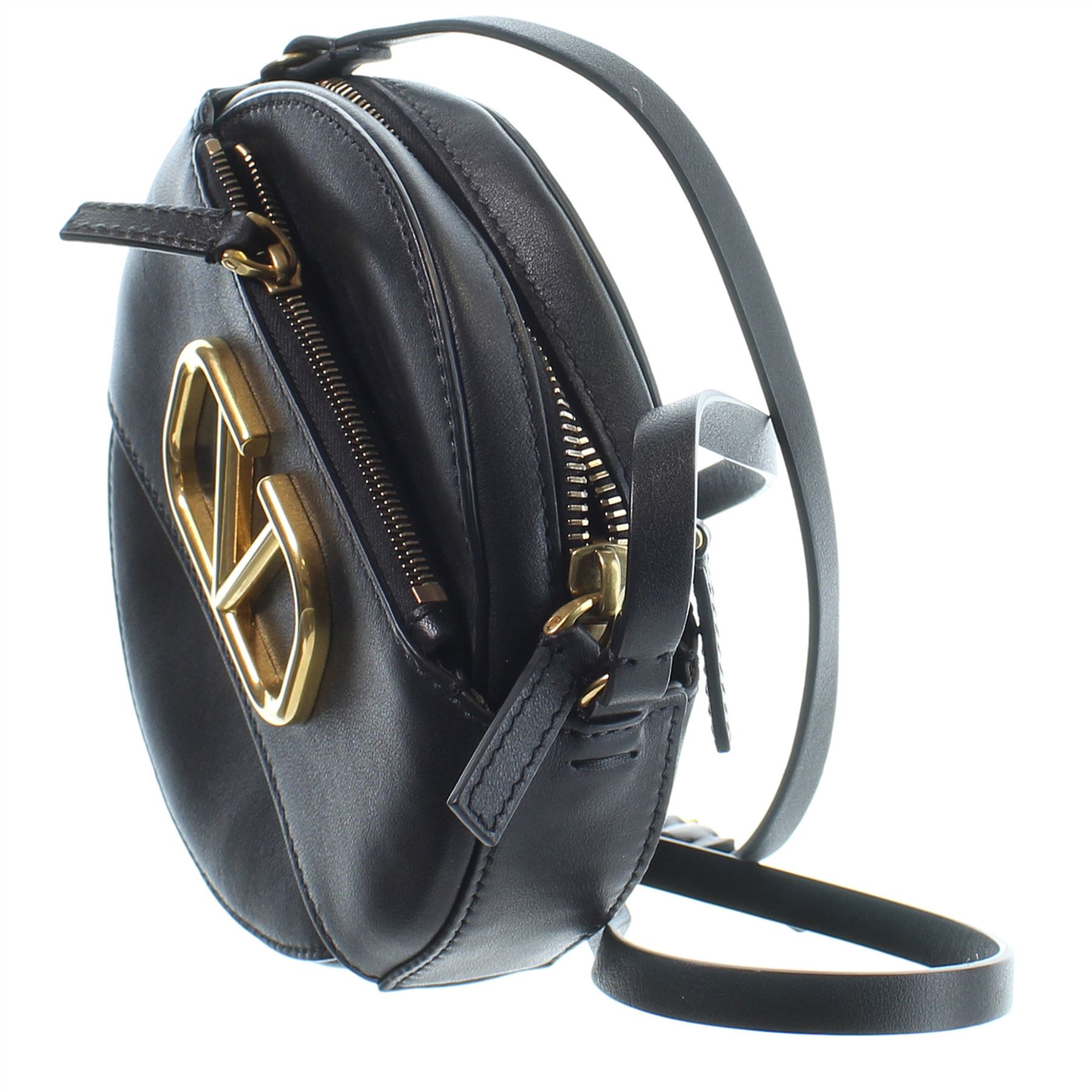 VALENTINO Small Round Vlogo Black Leather Crossbody Bag , 4.9" X 1.3" X