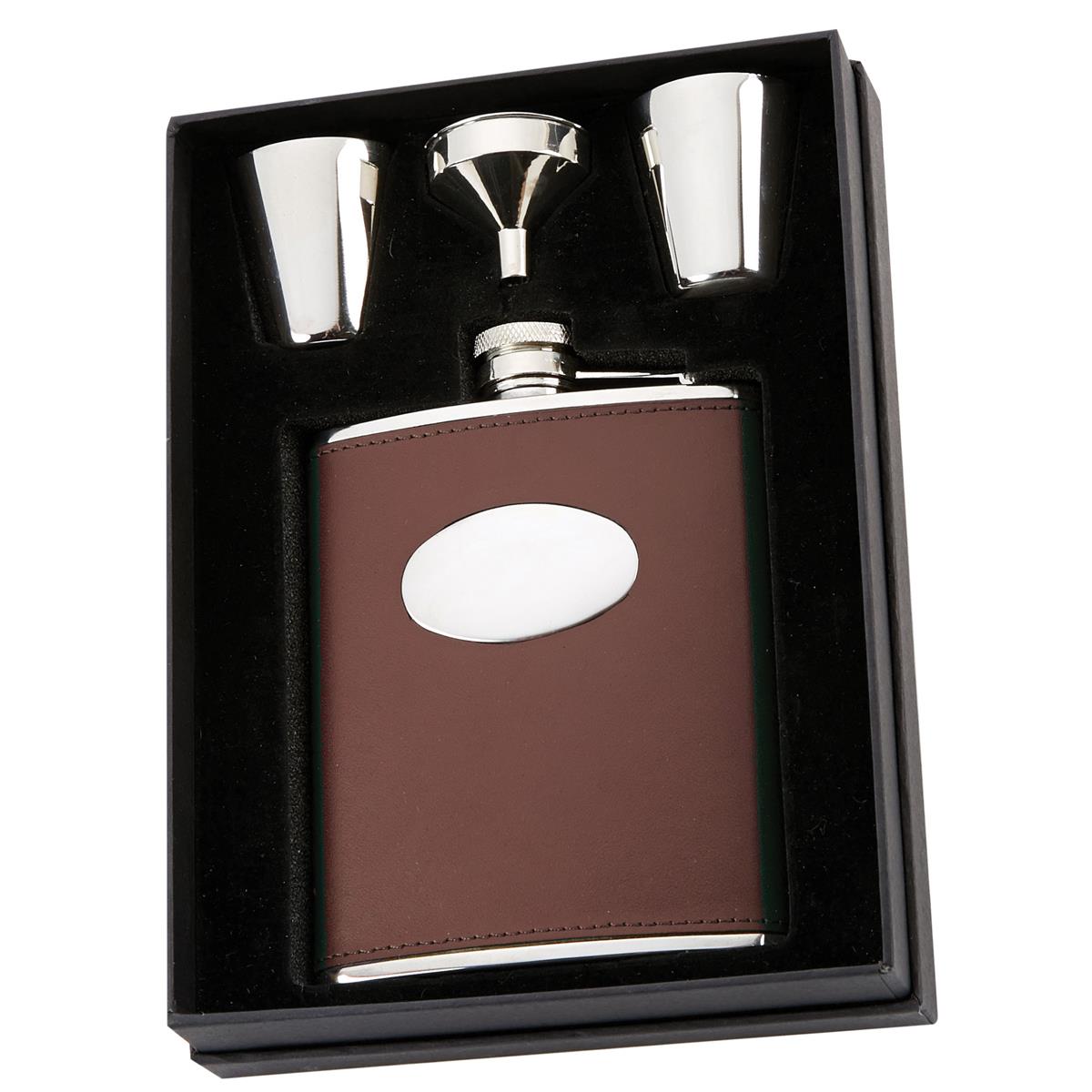 David Nickerson 6oz Hip Flask & Cups Gift Box Brown Leather Green Leather