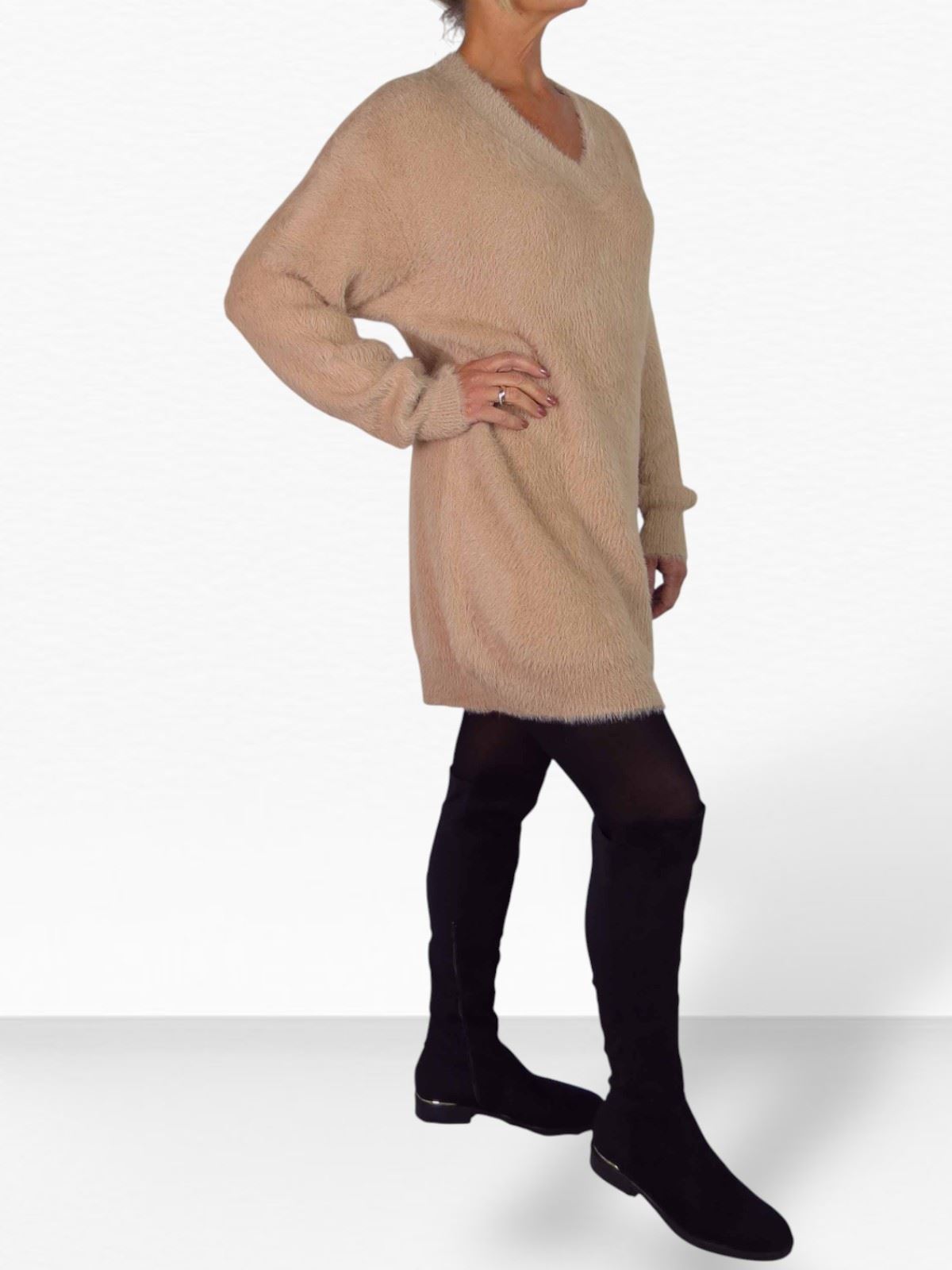 Damen Strick V Ausschnitt Pullover Kleid weich und kuschelig Strick Winterkleid Langarm - Bild 16 von 69