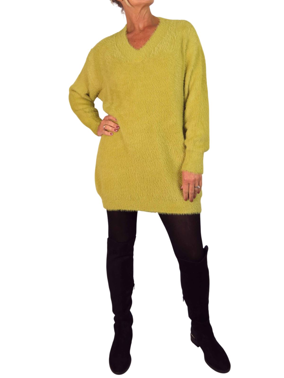 Damen Strick V Ausschnitt Pullover Kleid weich und kuschelig Strick Winterkleid Langarm - Bild 33 von 69