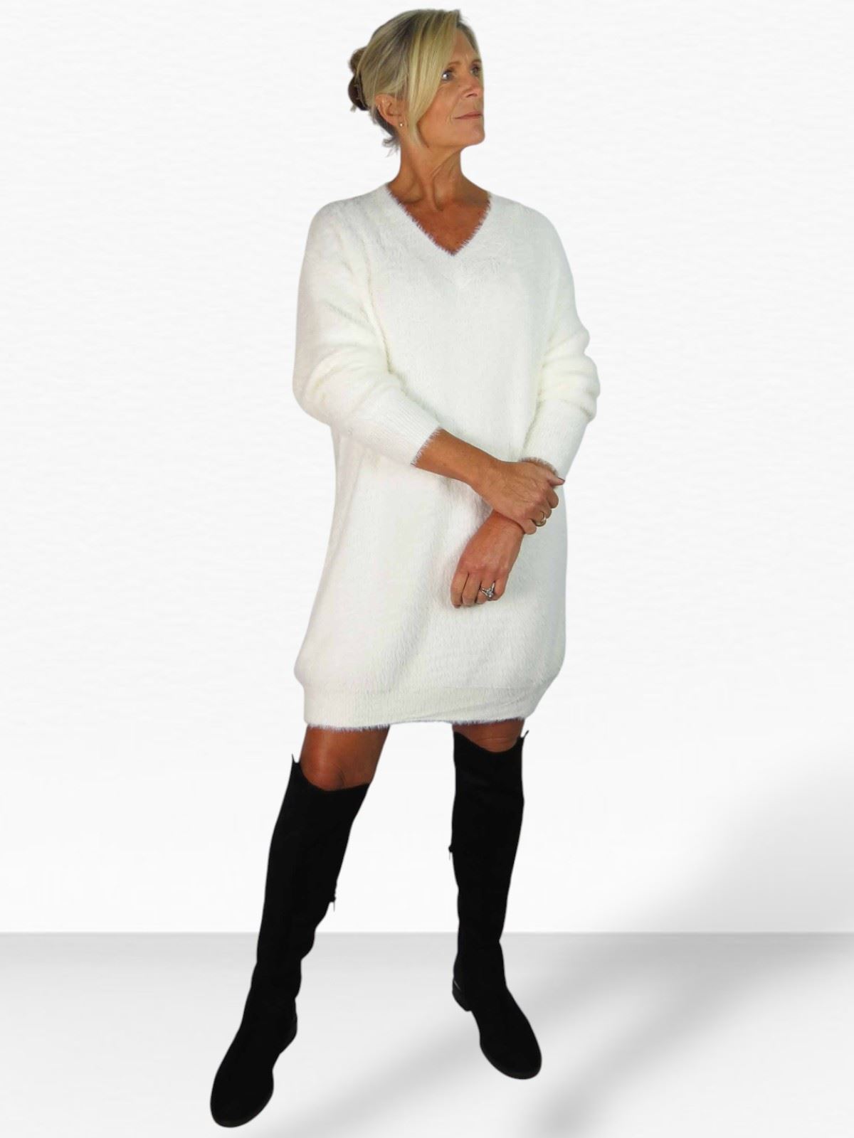 Damen Strick V Ausschnitt Pullover Kleid weich und kuschelig Strick Winterkleid Langarm - Bild 11 von 69
