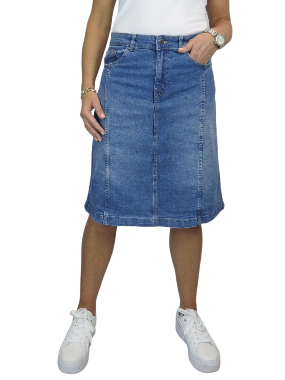 Ladies Stretch Denim A Line Jeans Skirt Knee Length Flared Pannel Skirt 10-22 - Picture 41 of 42