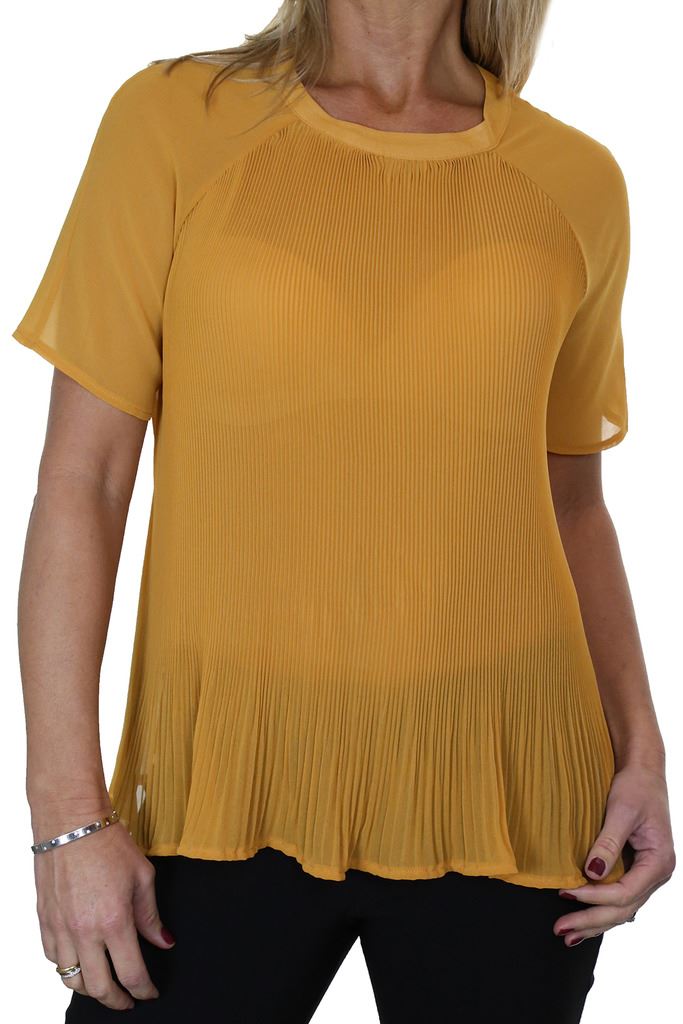 Ladies Pleated Round Neck Top Sheer Chiffon Blouse Short Sleeve Shirt 8 - 10 - Picture 11 of 18