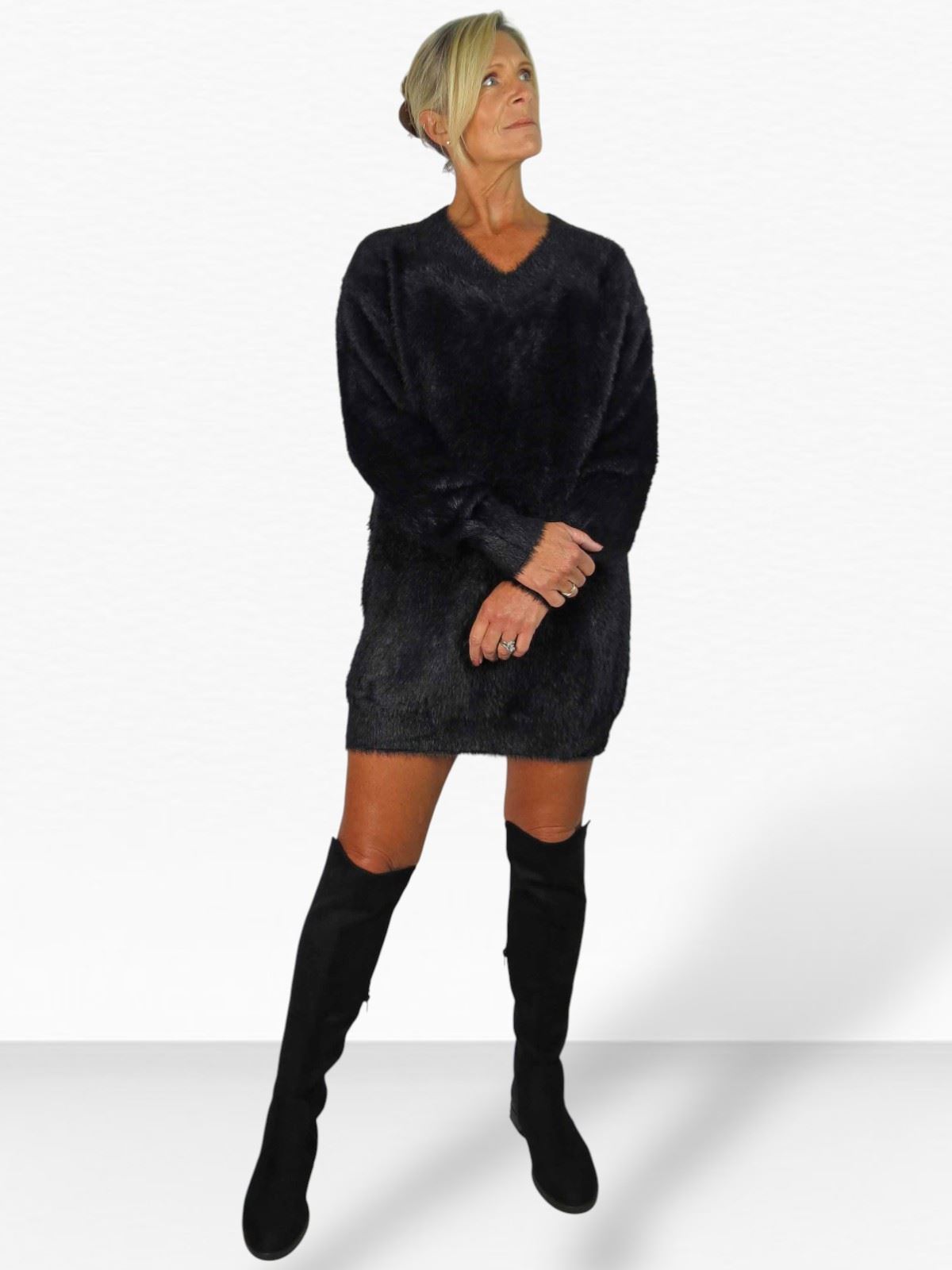 Damen Strick V Ausschnitt Pullover Kleid weich und kuschelig Strick Winterkleid Langarm - Bild 46 von 69